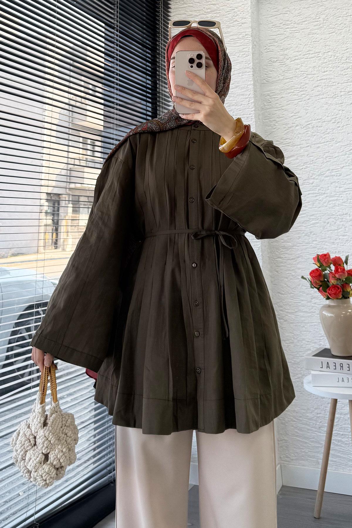 Nervürlü Geniş Kollu Vual Tunik - Haki