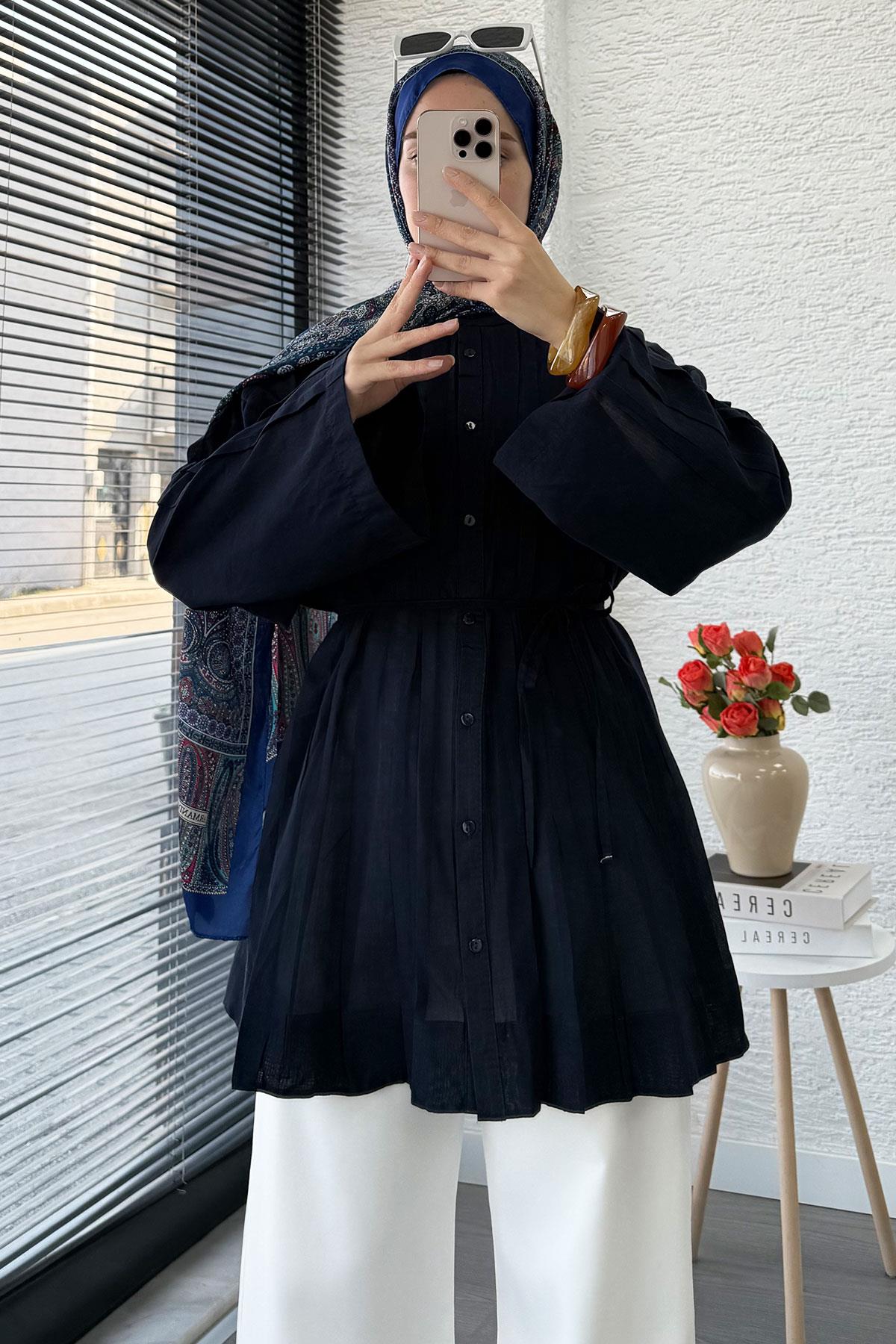 Nervürlü Geniş Kollu Vual Tunik - Lacivert