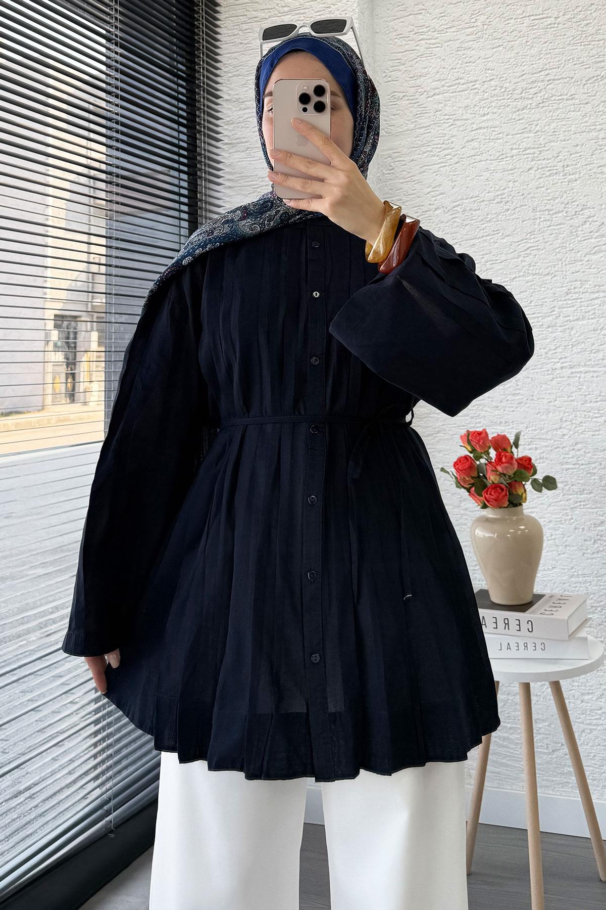 Nervürlü Geniş Kollu Vual Tunik - Lacivert