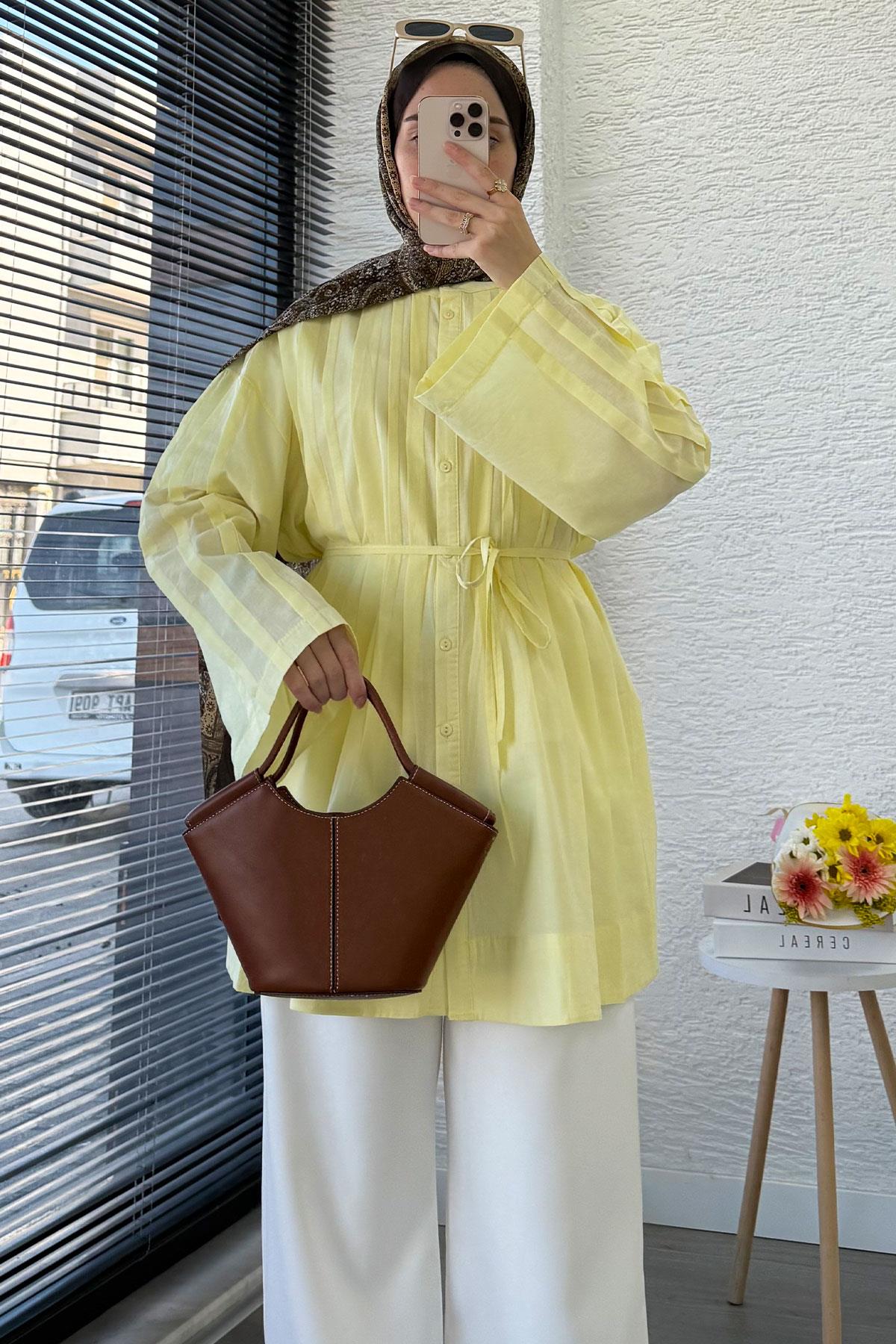 Nervürlü Geniş Kollu Vual Tunik - Sarı