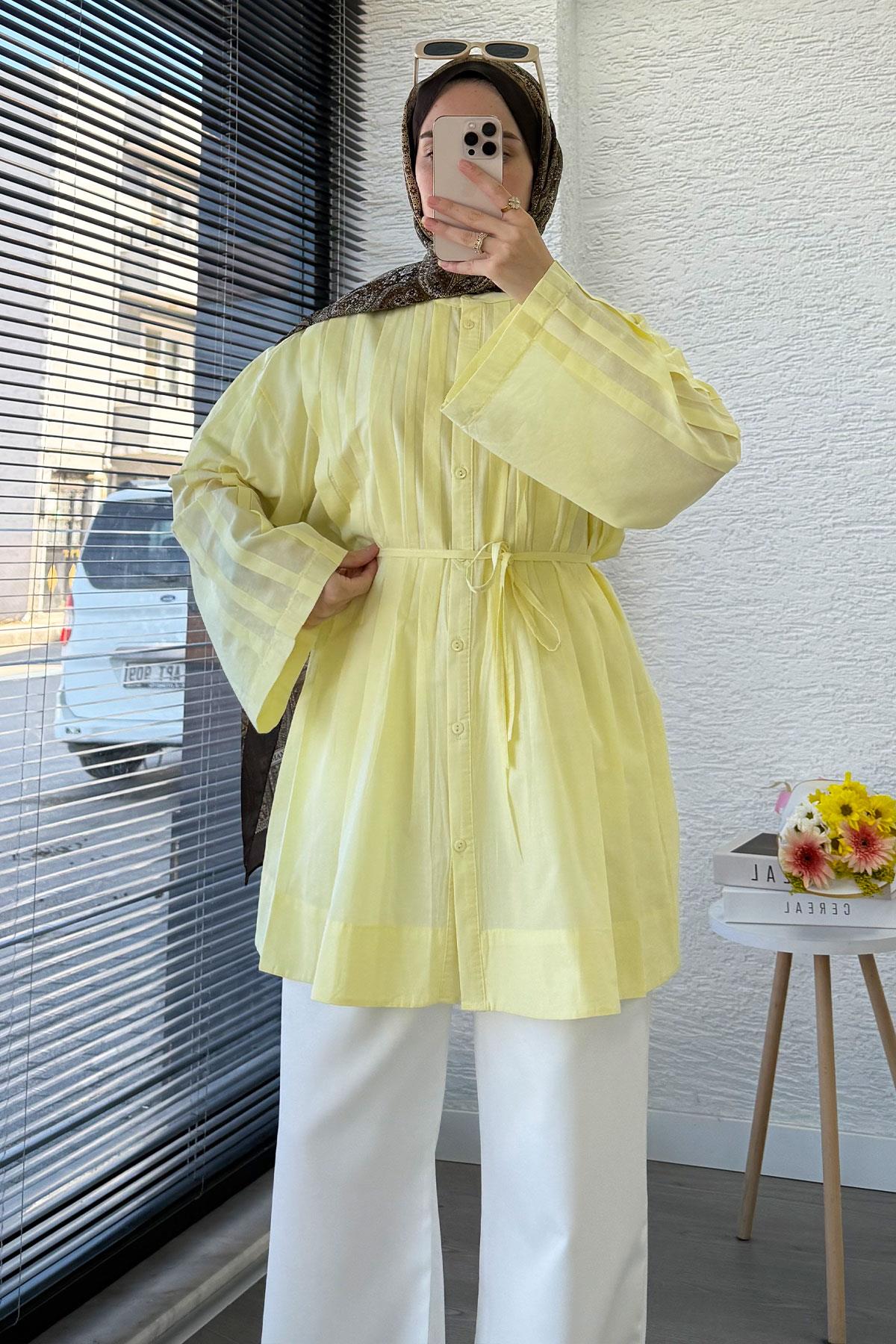 Nervürlü Geniş Kollu Vual Tunik - Sarı