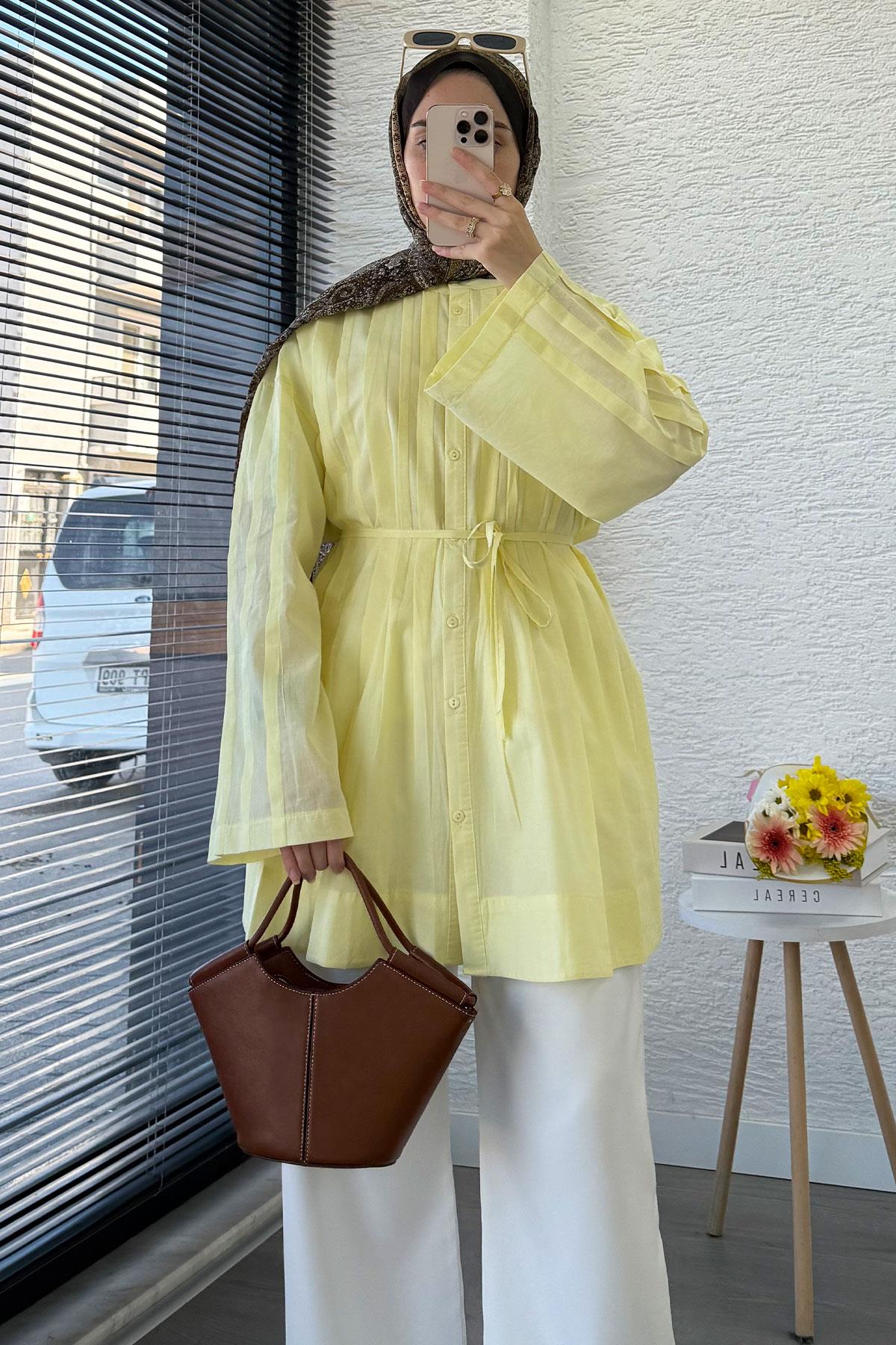 Nervürlü Geniş Kollu Vual Tunik - Sarı