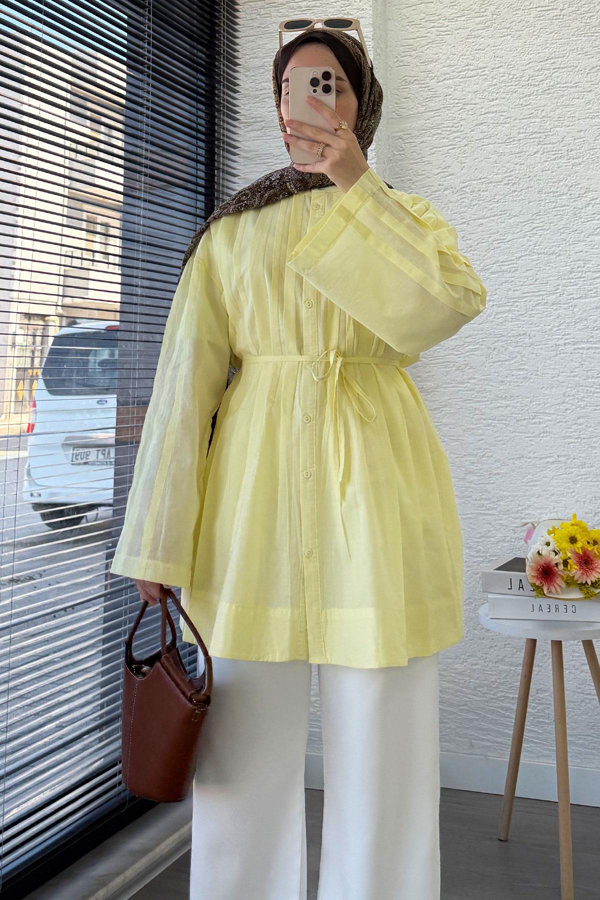 Nervürlü Geniş Kollu Vual Tunik - Sarı