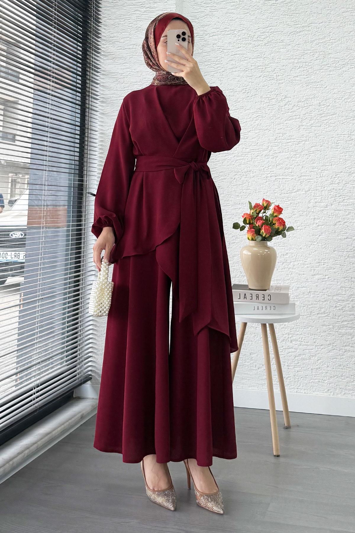Nora Asimetrik Pantolonlu Takım – Bordo