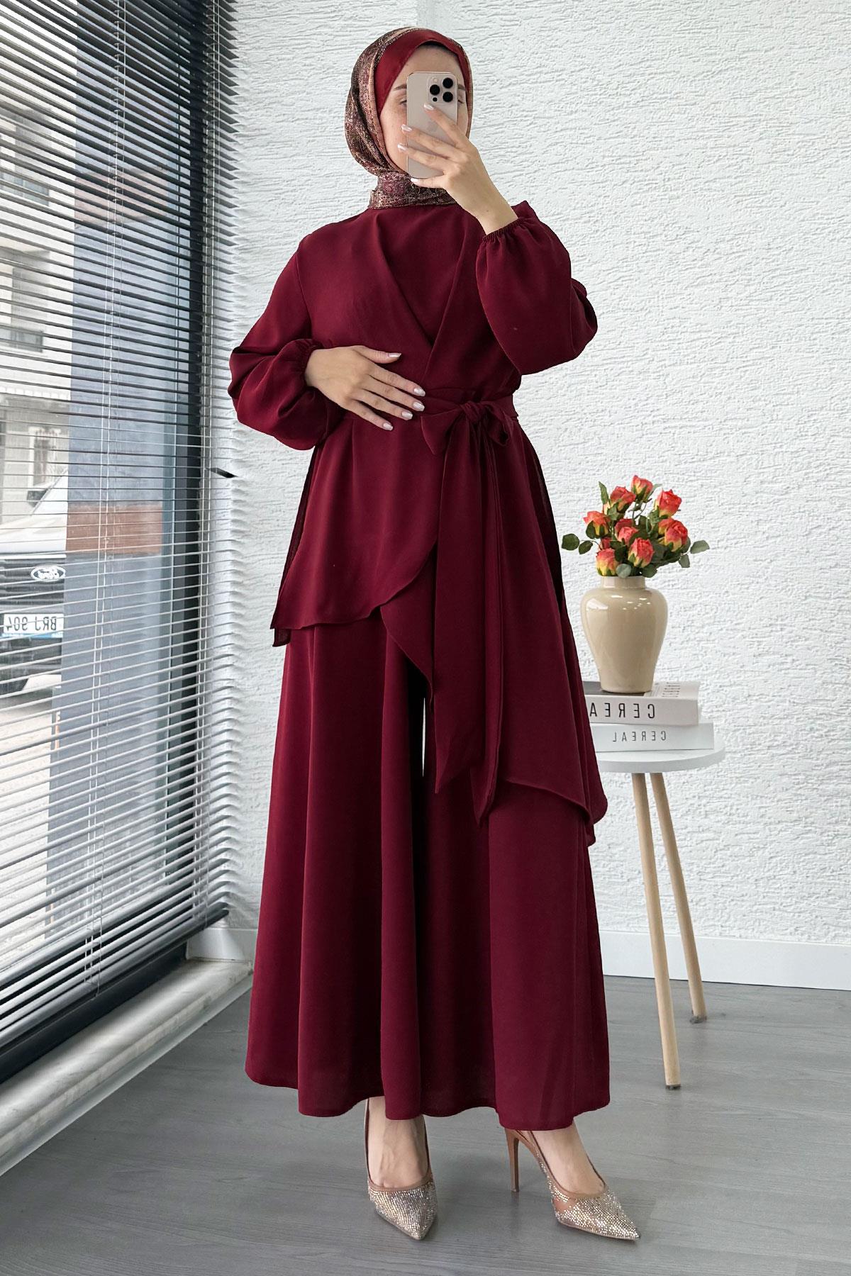 Nora Asimetrik Pantolonlu Takım – Bordo