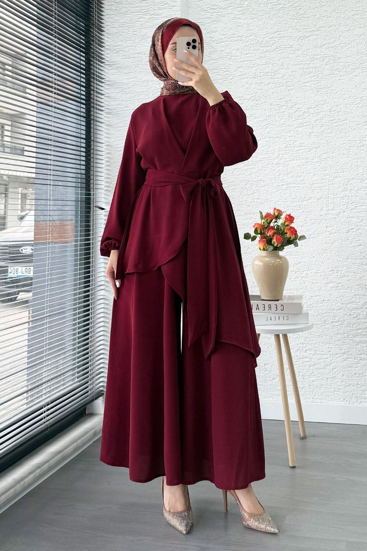 Nora Asimetrik Pantolonlu Takım – Bordo
