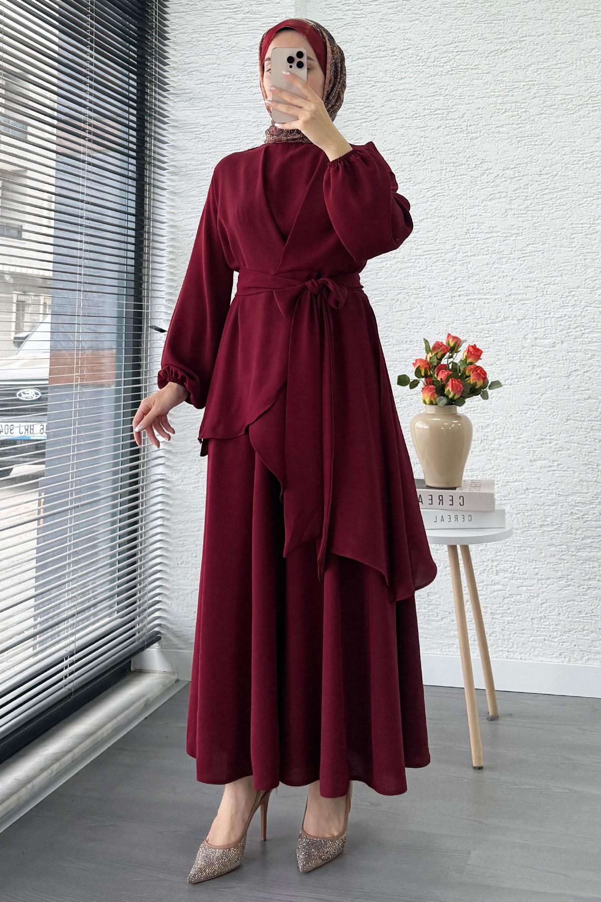 Nora Asimetrik Pantolonlu Takım – Bordo