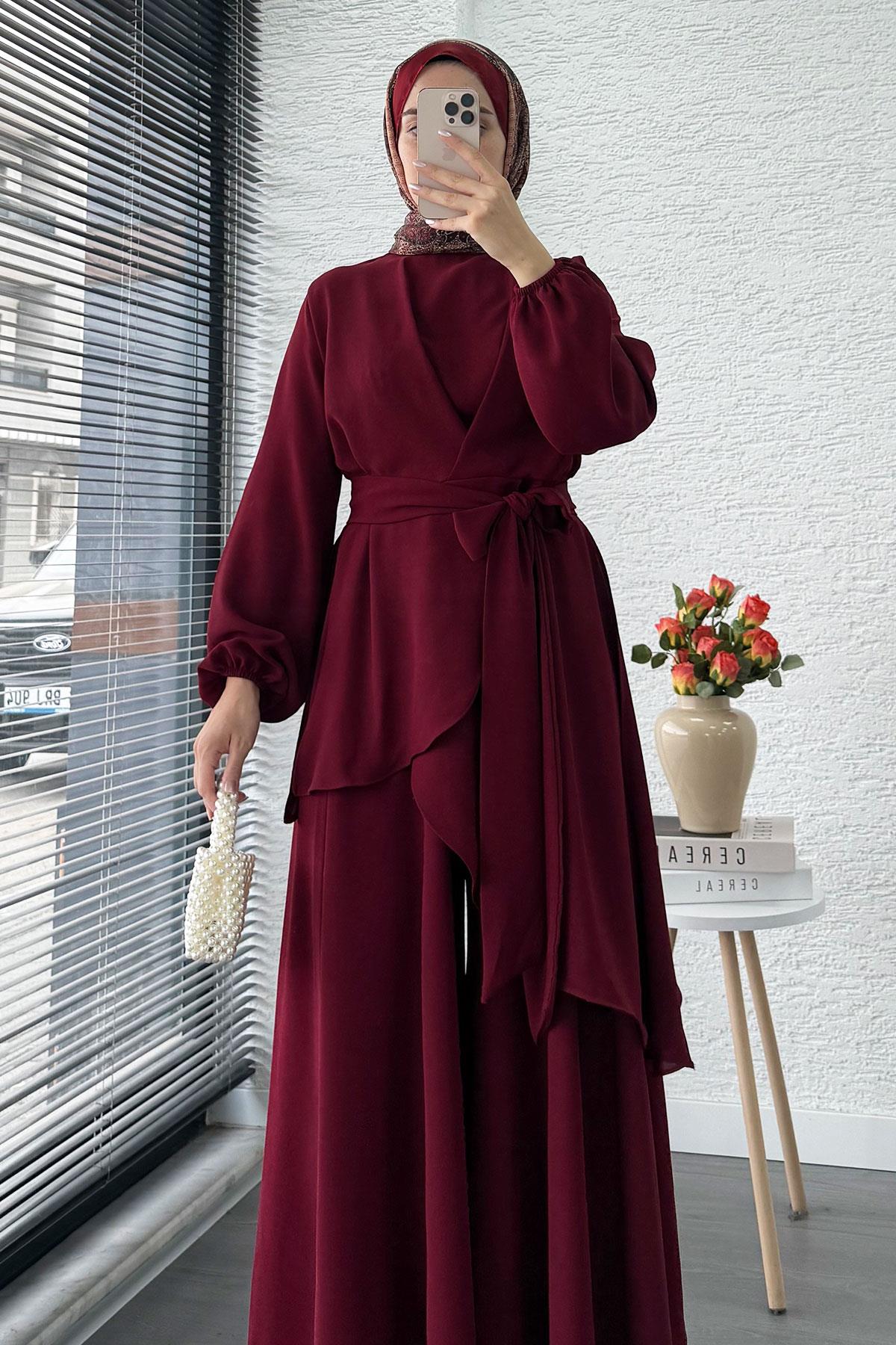 Nora Asimetrik Pantolonlu Takım – Bordo