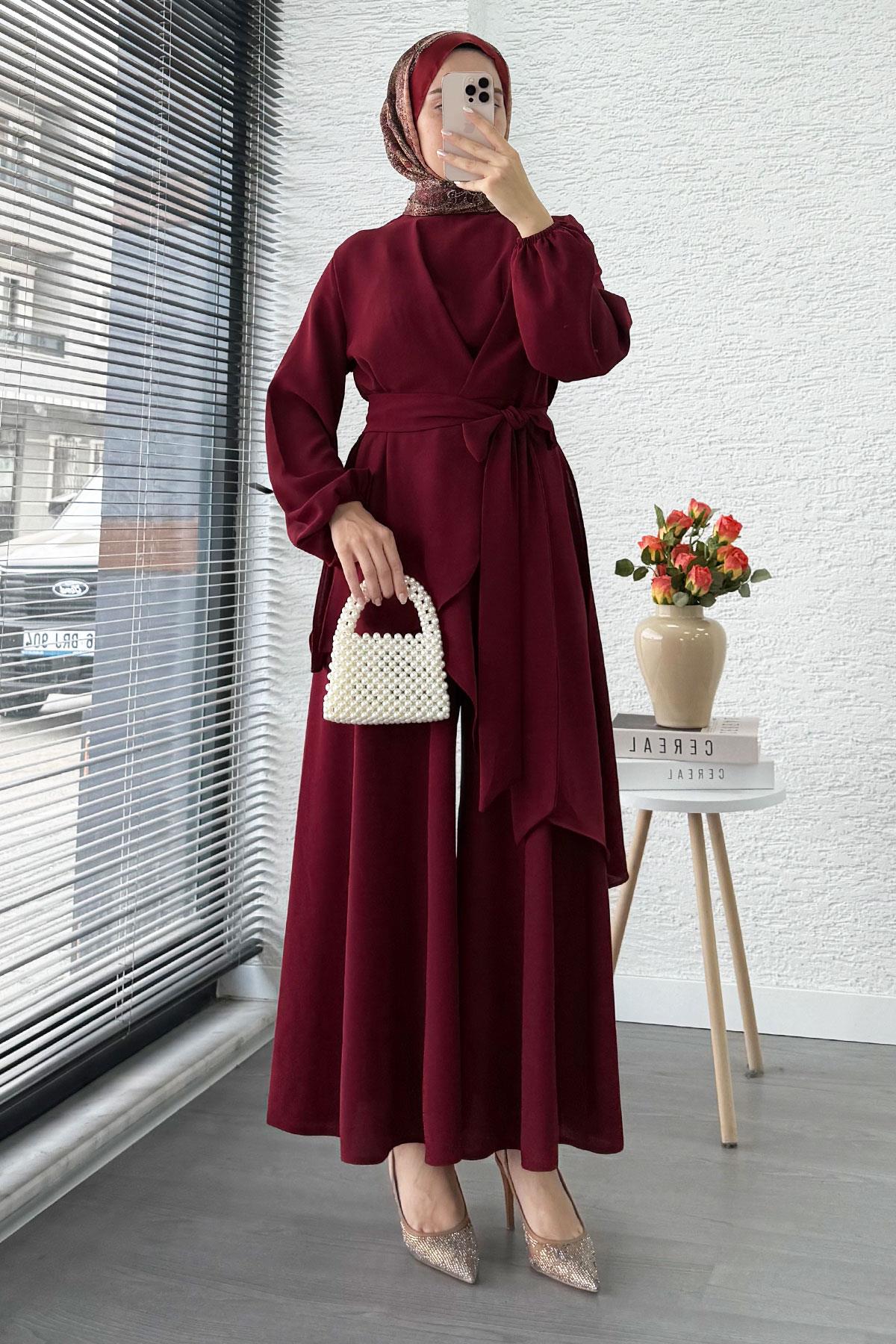 Nora Asimetrik Pantolonlu Takım – Bordo