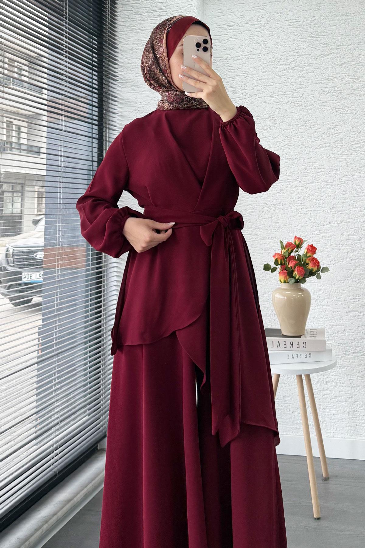 Nora Asimetrik Pantolonlu Takım – Bordo