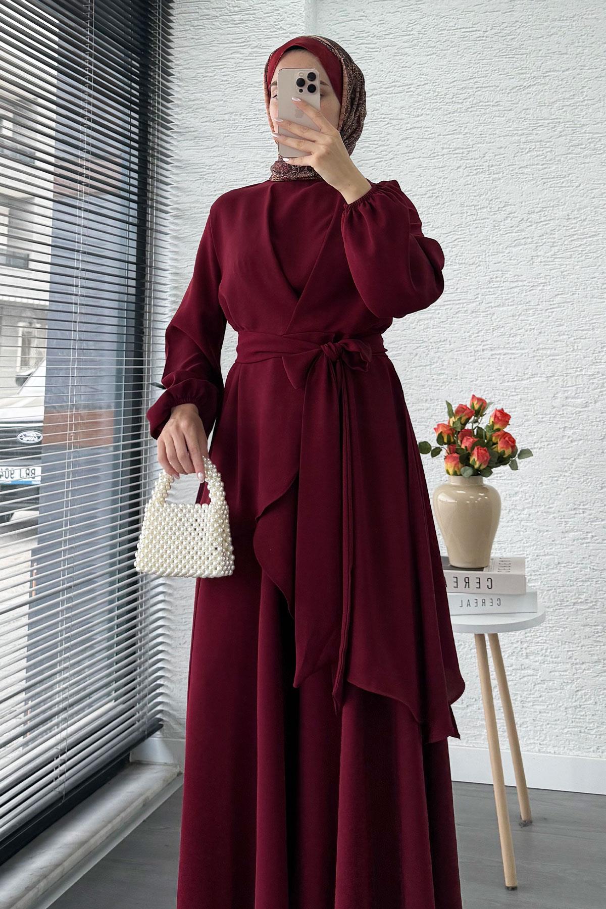 Nora Asimetrik Pantolonlu Takım – Bordo