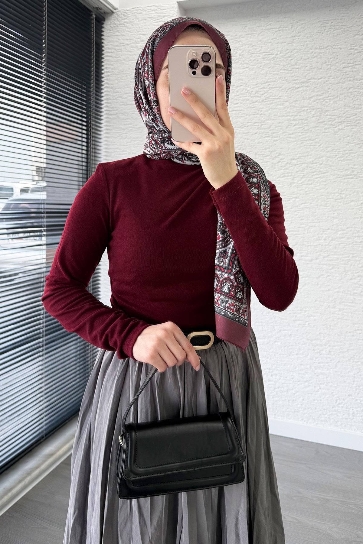 Omuz Drapeli Kadın Bluz-Bordo