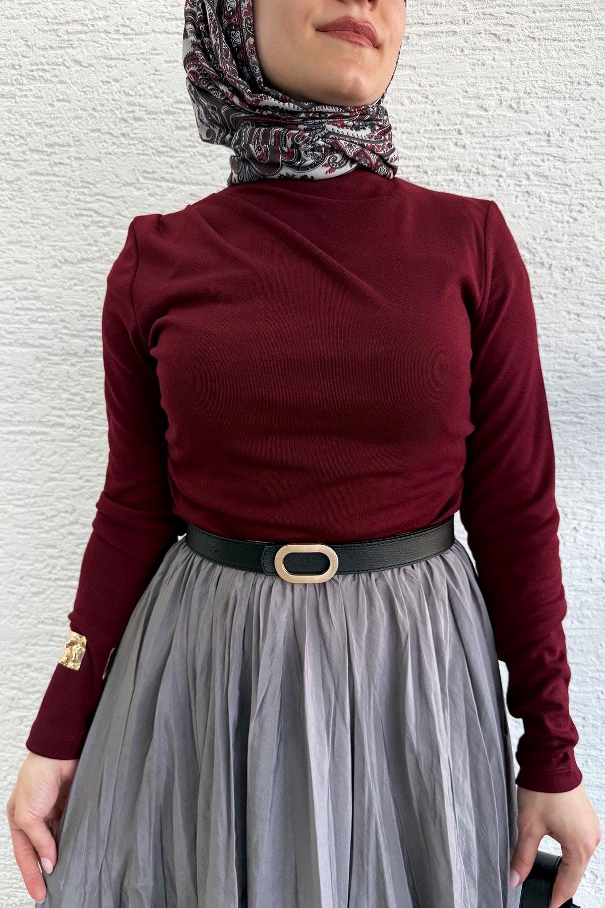 Omuz Drapeli Kadın Bluz-Bordo