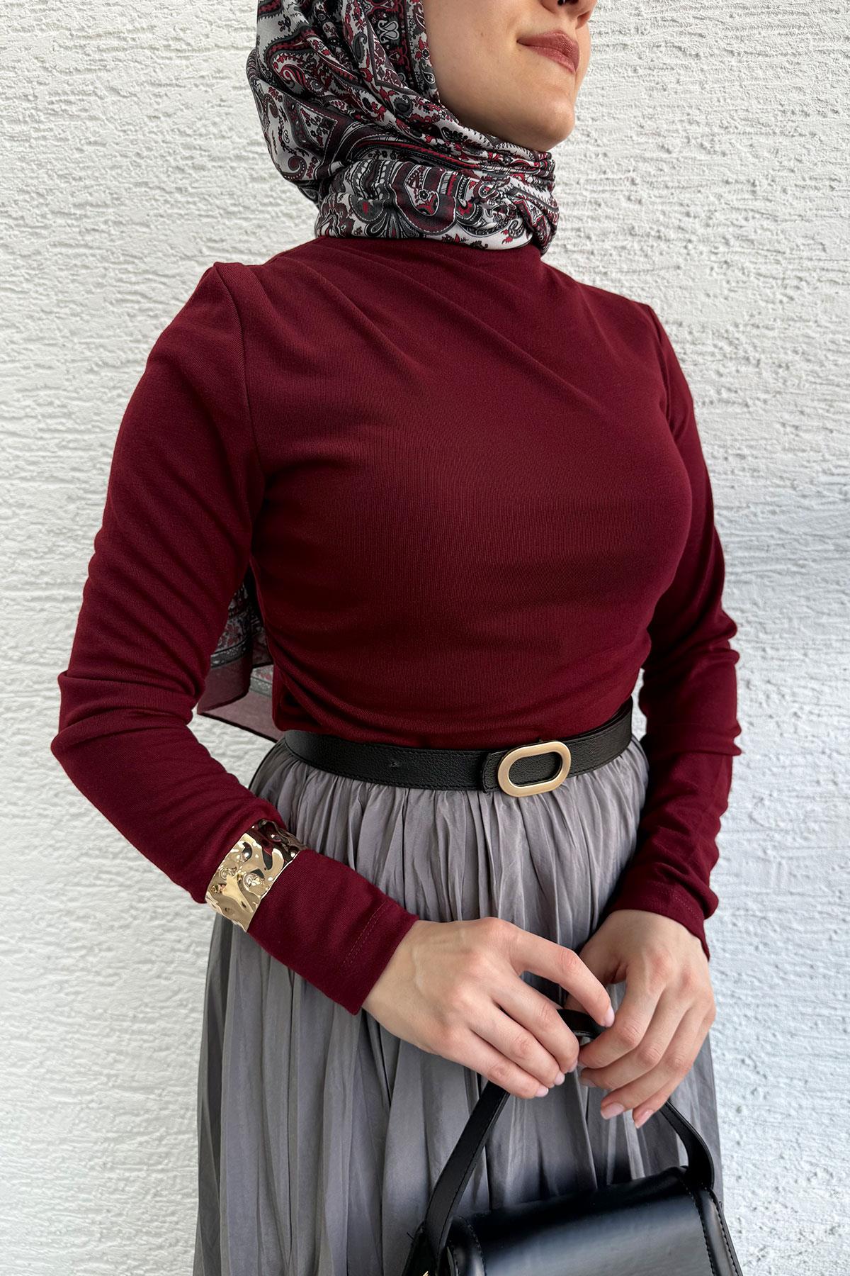 Omuz Drapeli Kadın Bluz-Bordo