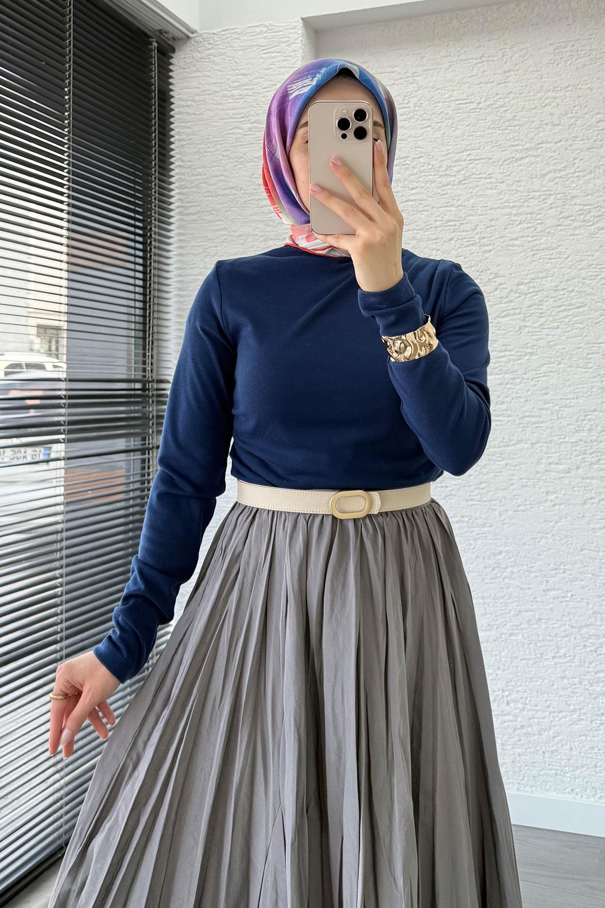 Omuz Drapeli Kadın Bluz-Lacivert