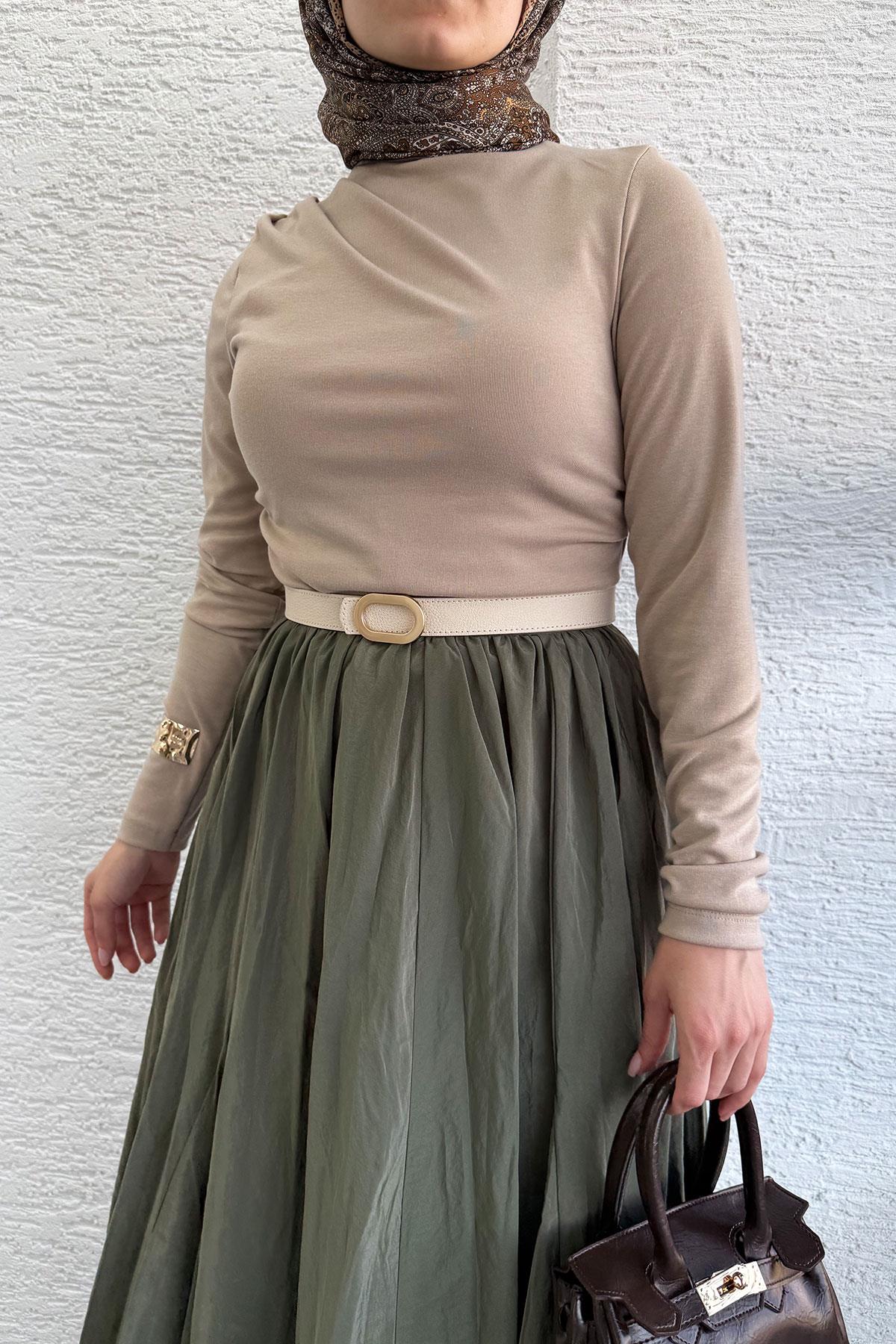 Omuz Drapeli Kadın Bluz-Vizon