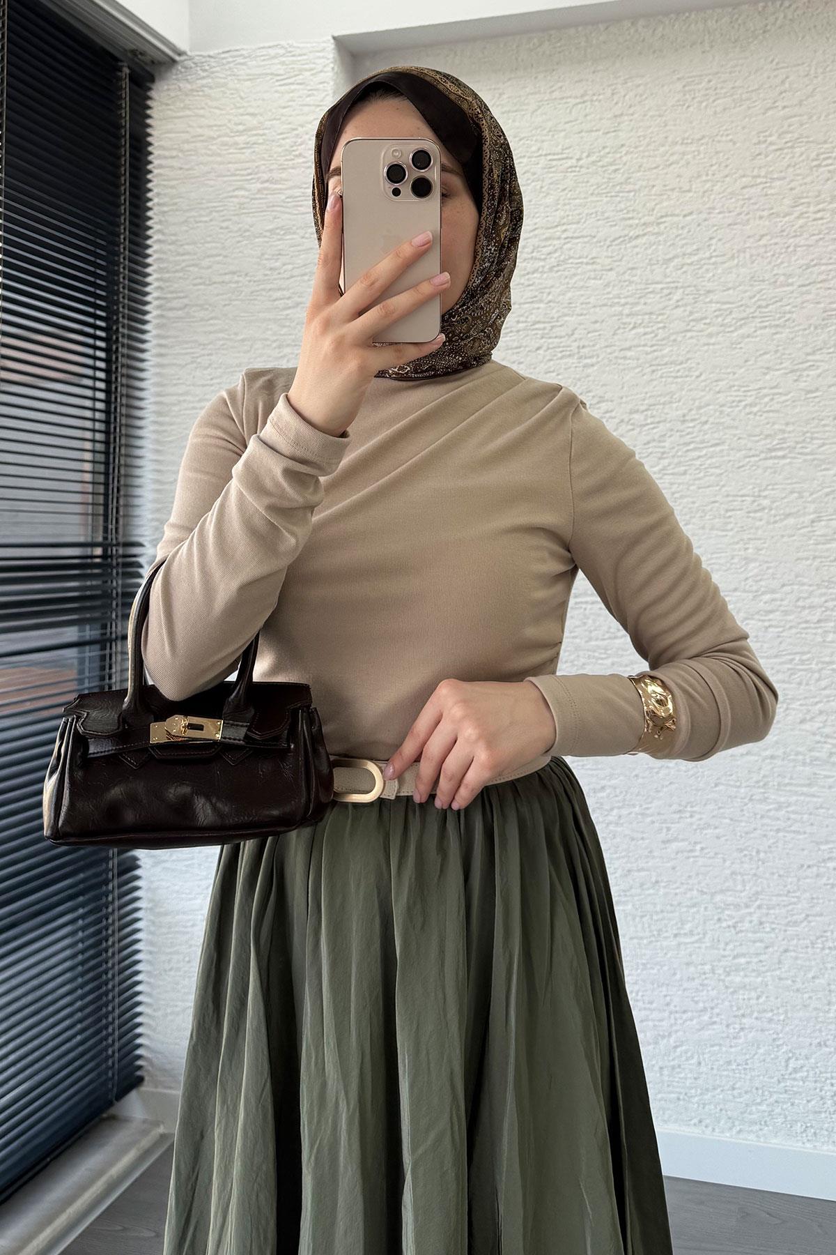 Omuz Drapeli Kadın Bluz-Vizon