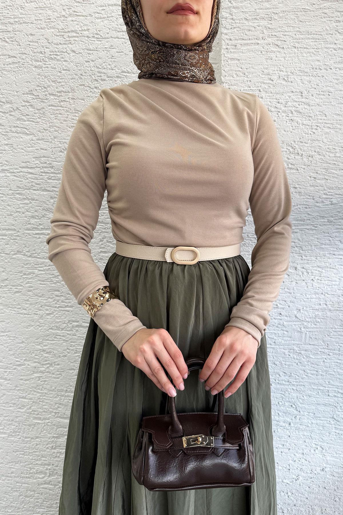 Omuz Drapeli Kadın Bluz-Vizon