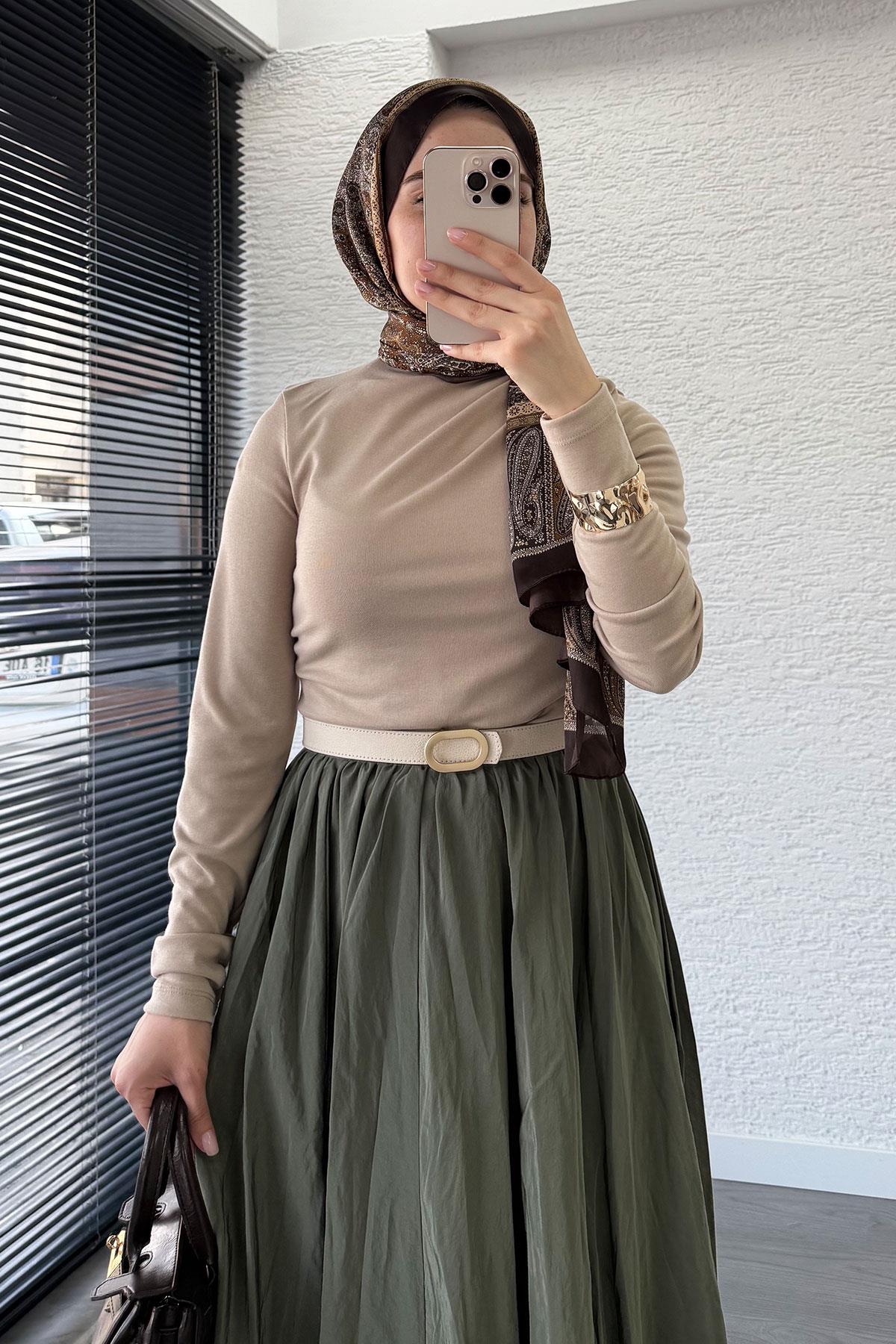 Omuz Drapeli Kadın Bluz-Vizon