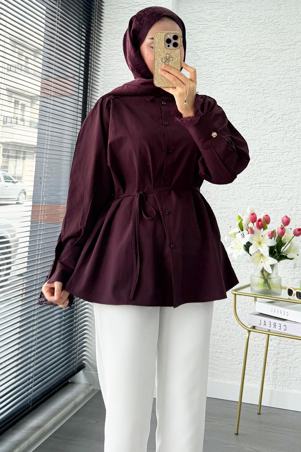 Omuz Drapeli Kol Ucu Dantel Poplin Tunik - Mürdüm