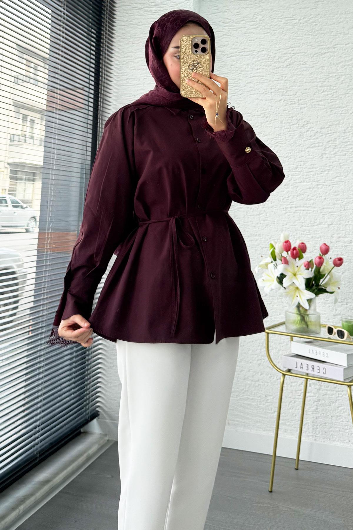 Omuz Drapeli Kol Ucu Dantel Poplin Tunik - Mürdüm