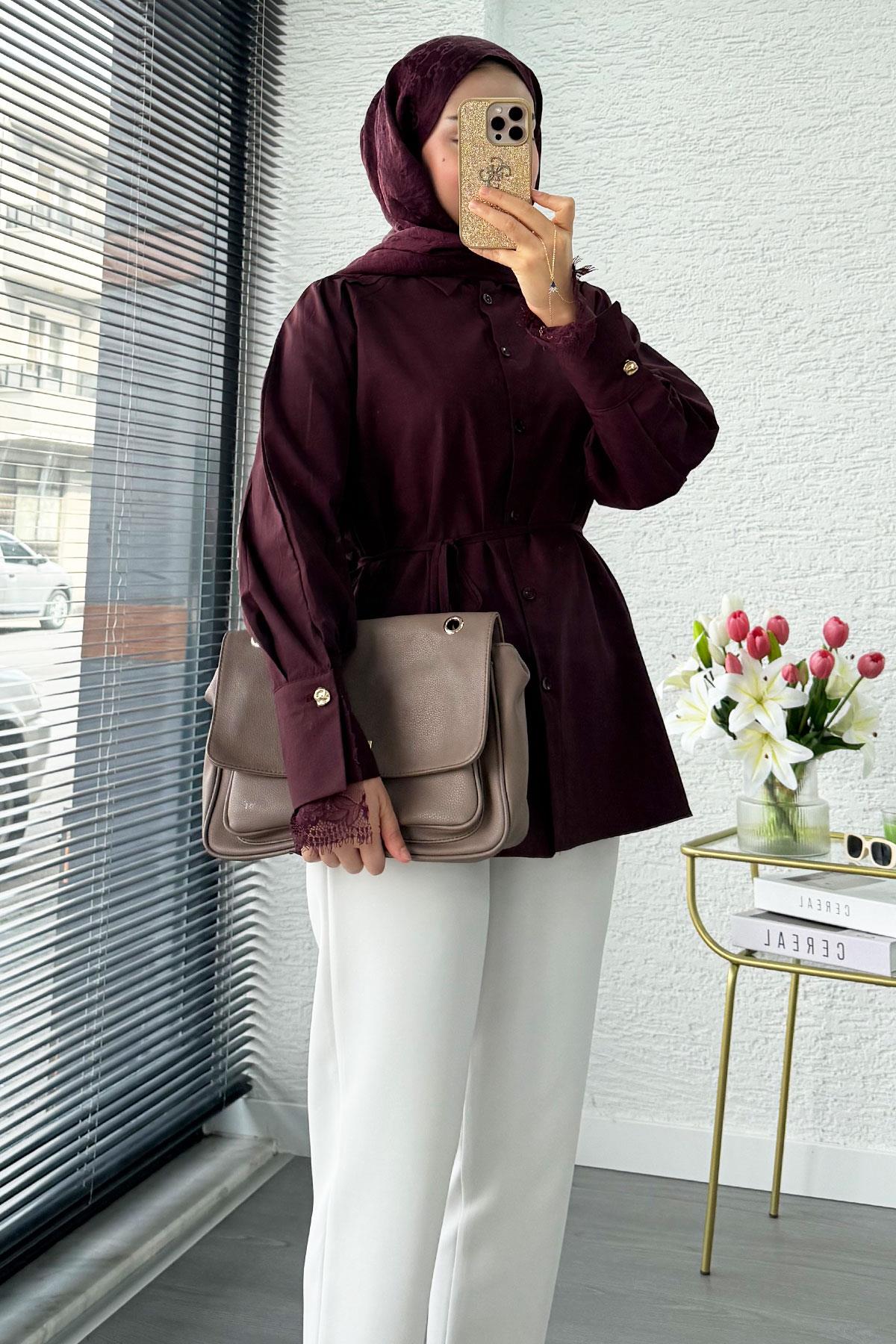Omuz Drapeli Kol Ucu Dantel Poplin Tunik - Mürdüm