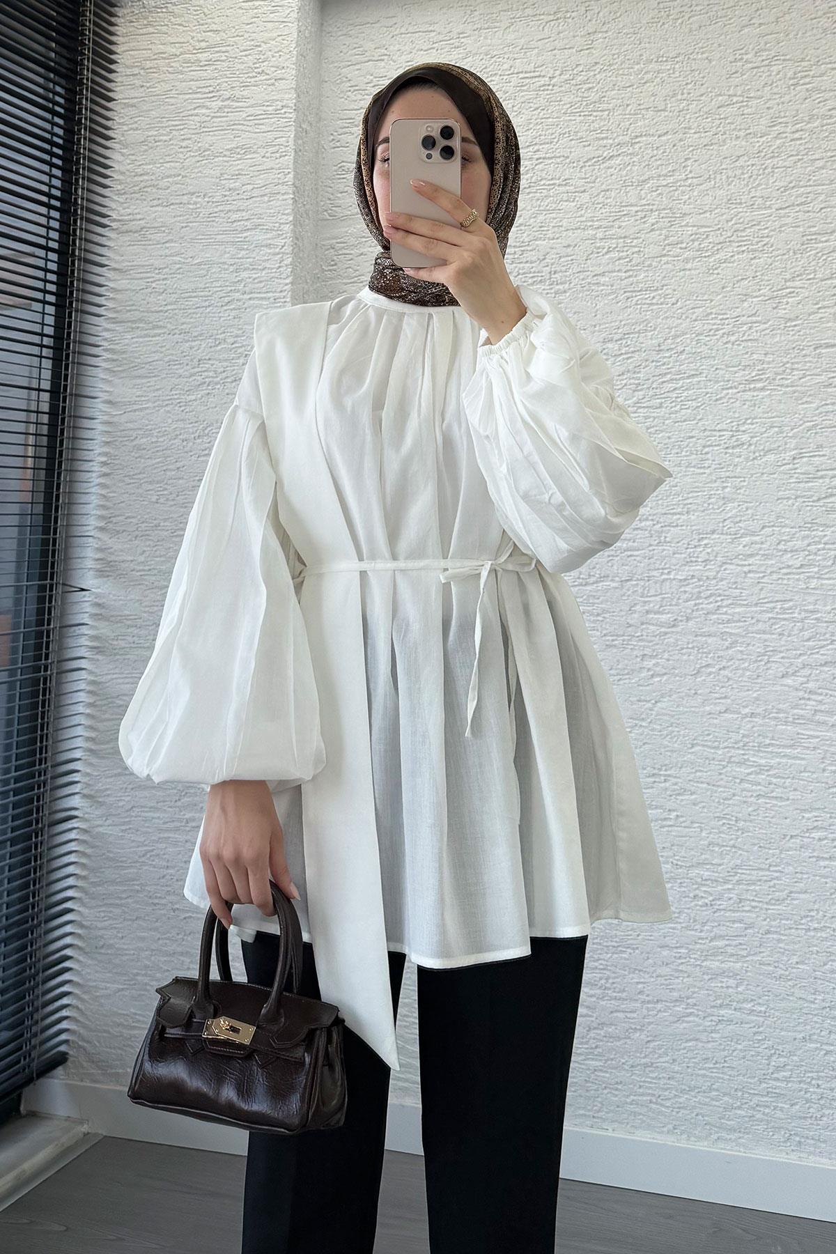 Omuzdan Bağlamalı Pileli Vual Tunik – Beyaz