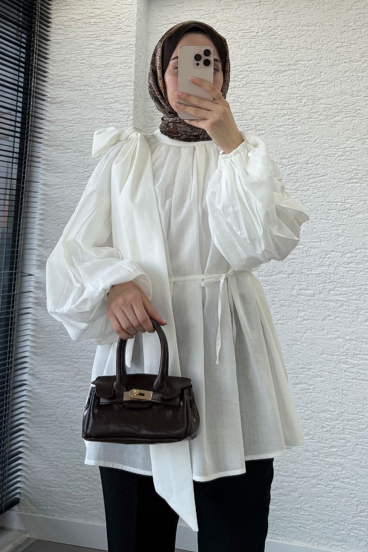 Omuzdan Bağlamalı Pileli Vual Tunik – Beyaz