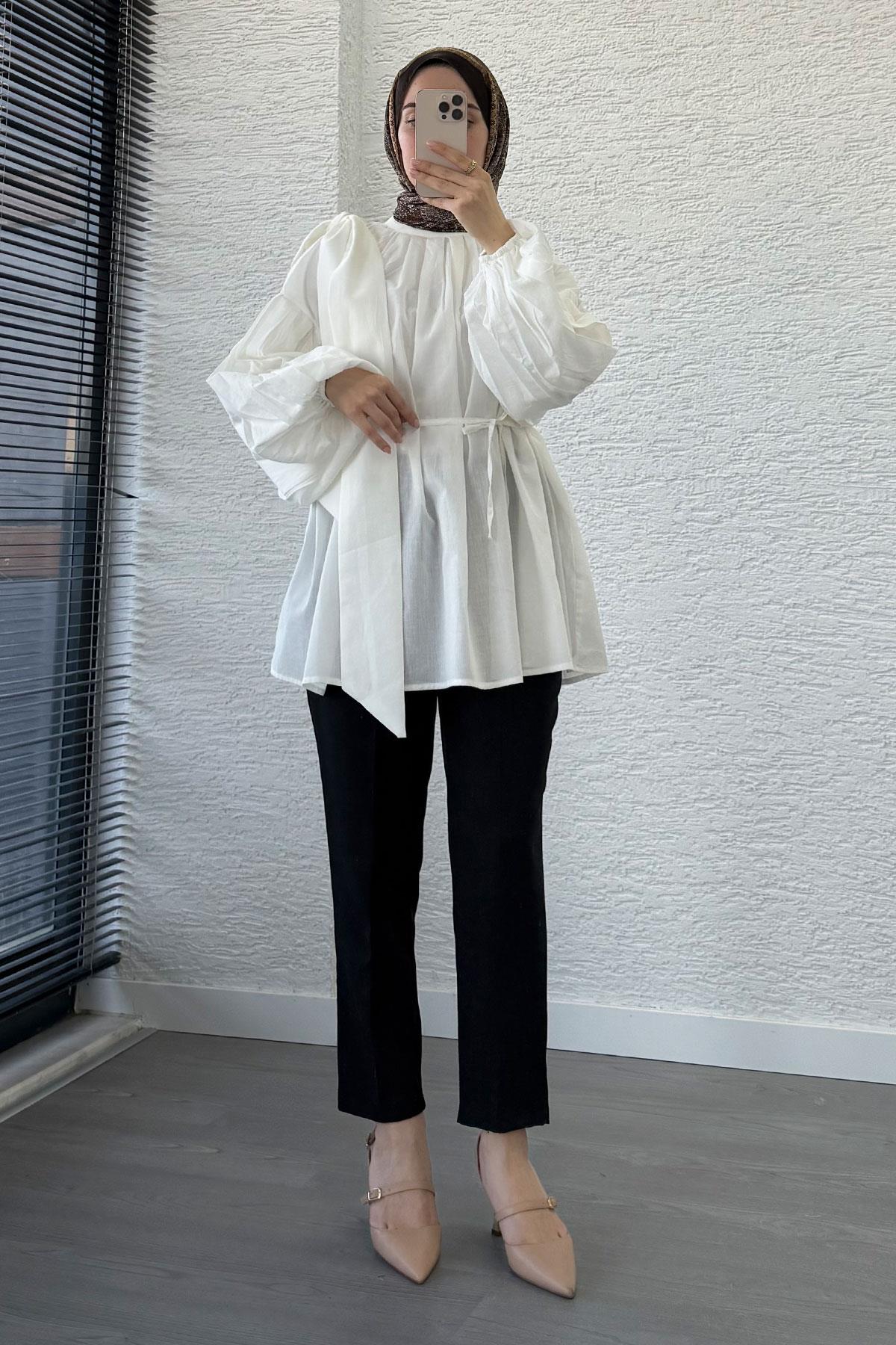 Omuzdan Bağlamalı Pileli Vual Tunik – Beyaz