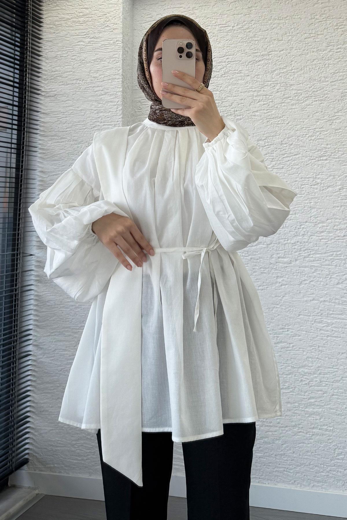 Omuzdan Bağlamalı Pileli Vual Tunik – Beyaz