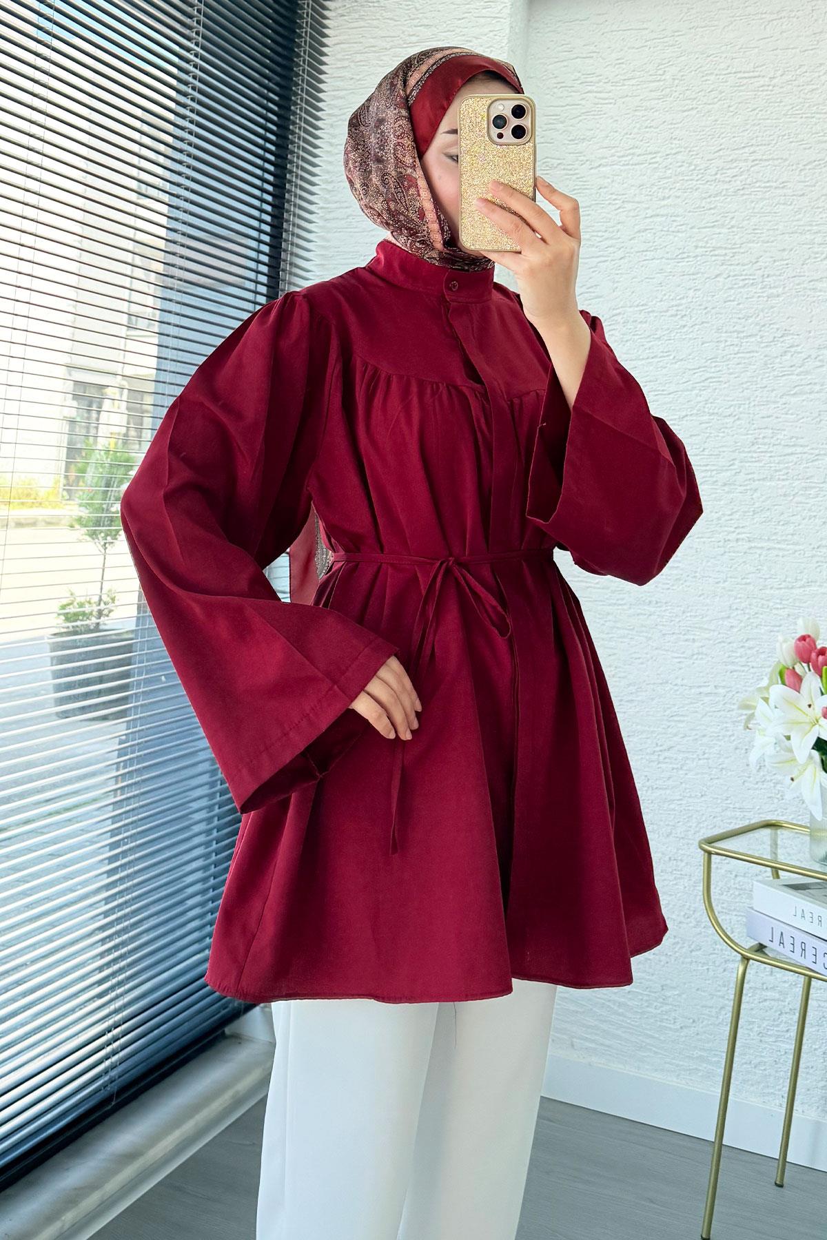 Ön Arka Büzgü Detaylı Volan Kol Poplin Tunik – Bordo