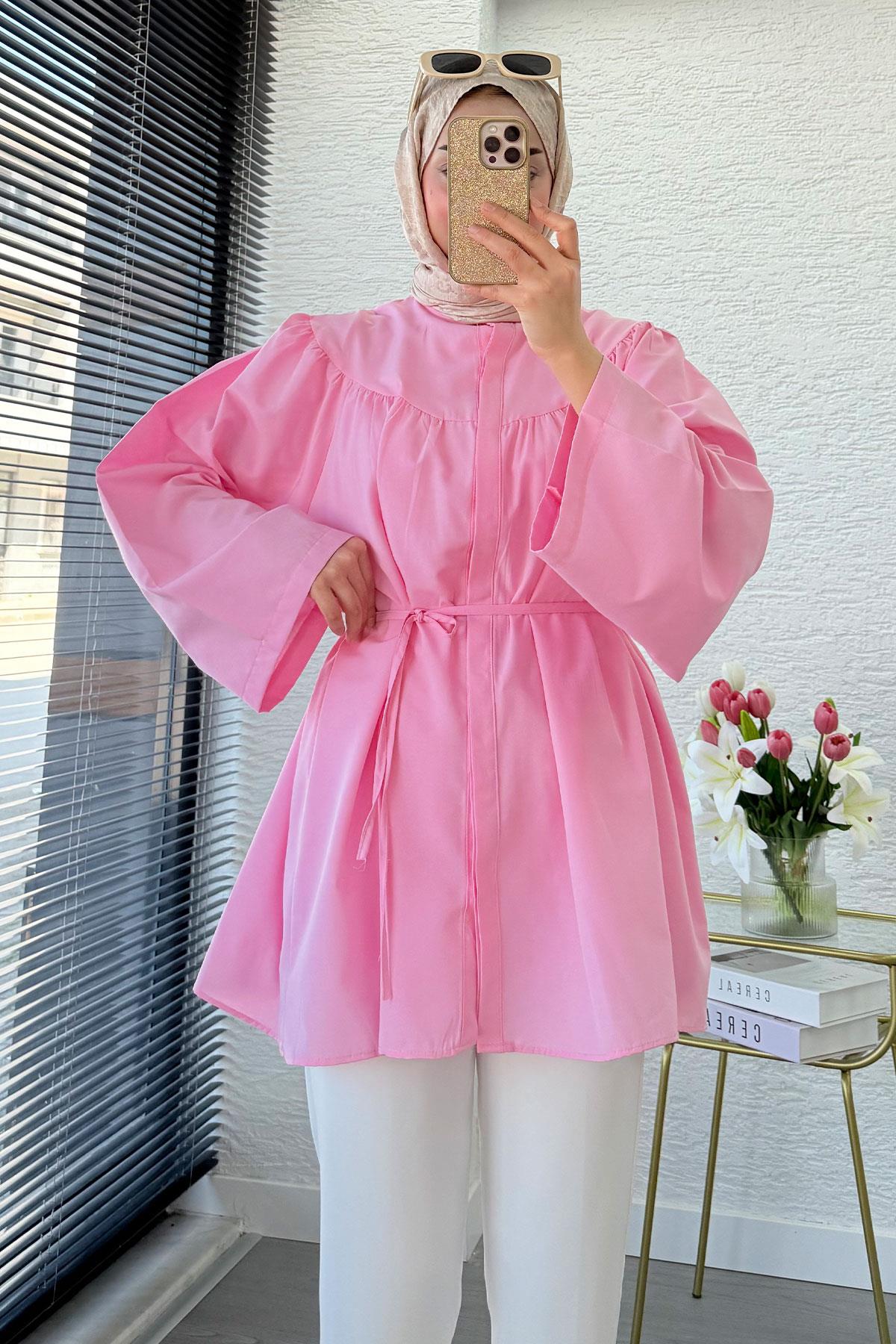 Ön Arka Büzgü Detaylı Volan Kol Poplin Tunik – Pembe