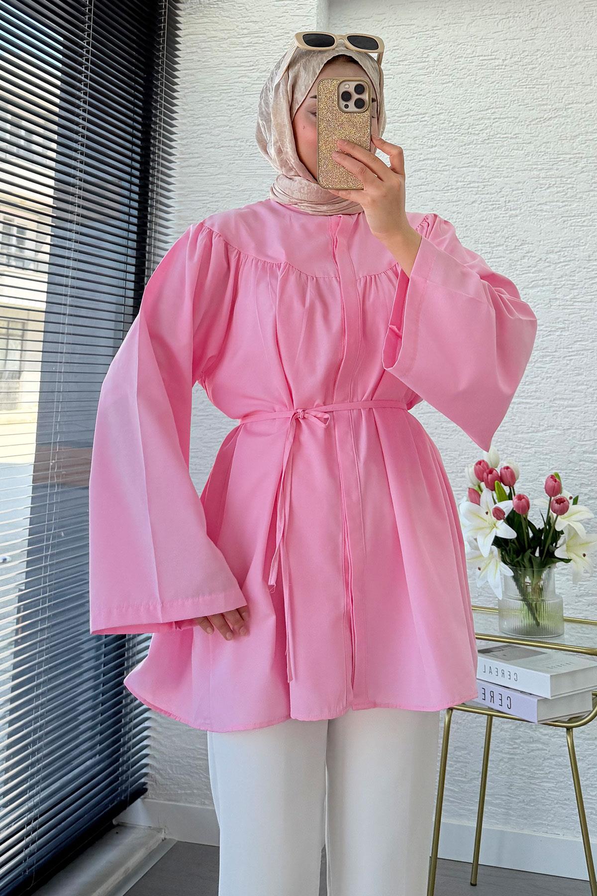 Ön Arka Büzgü Detaylı Volan Kol Poplin Tunik – Pembe