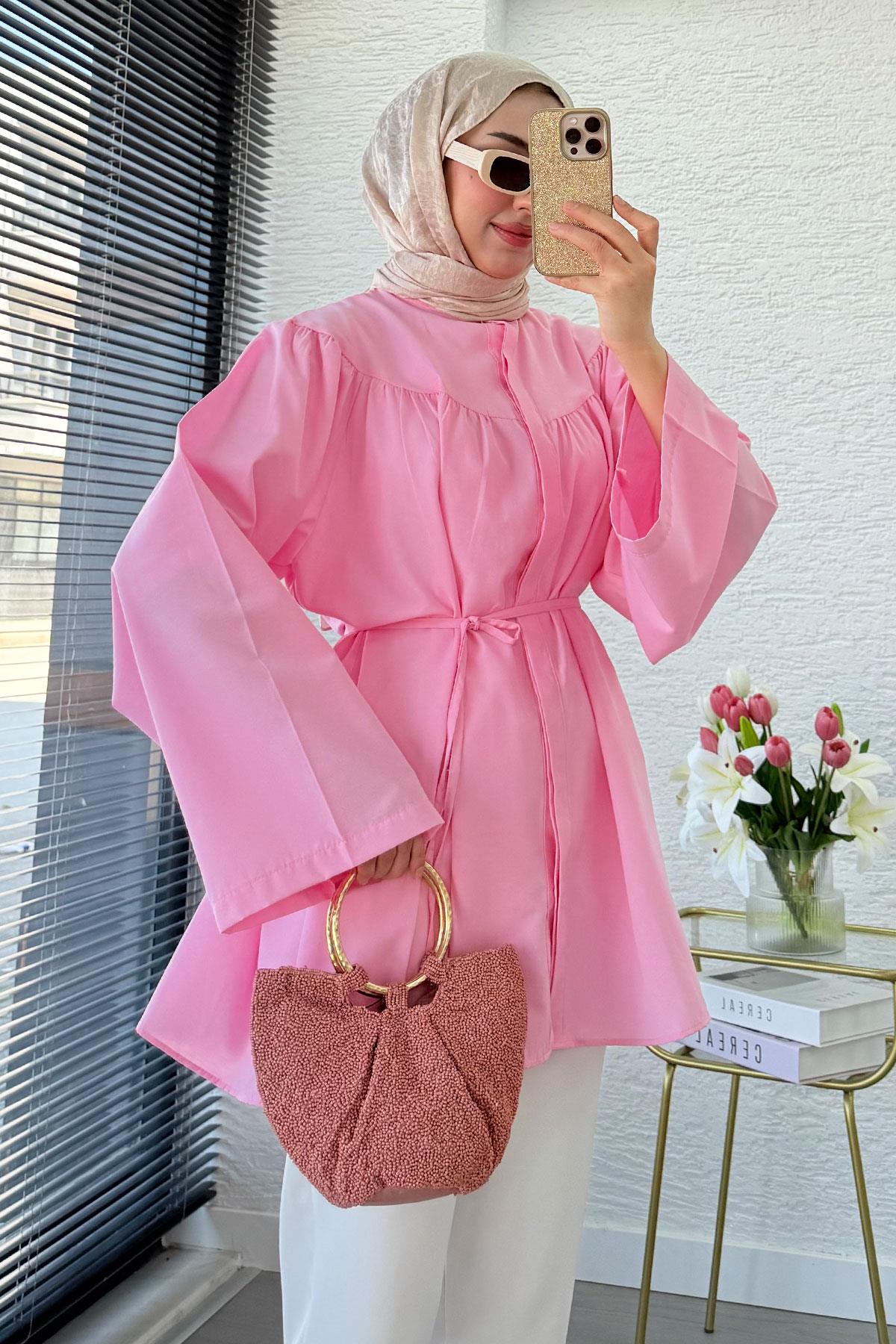 Ön Arka Büzgü Detaylı Volan Kol Poplin Tunik – Pembe