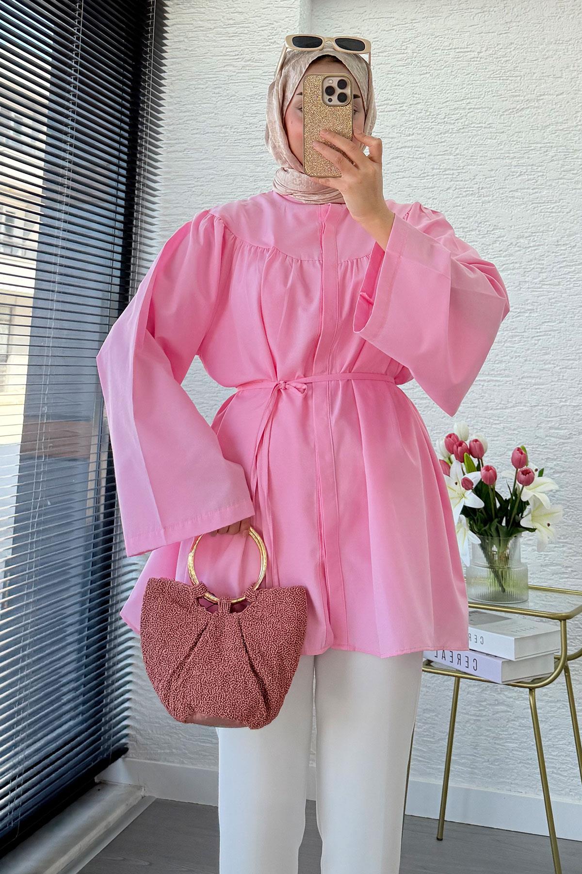 Ön Arka Büzgü Detaylı Volan Kol Poplin Tunik – Pembe