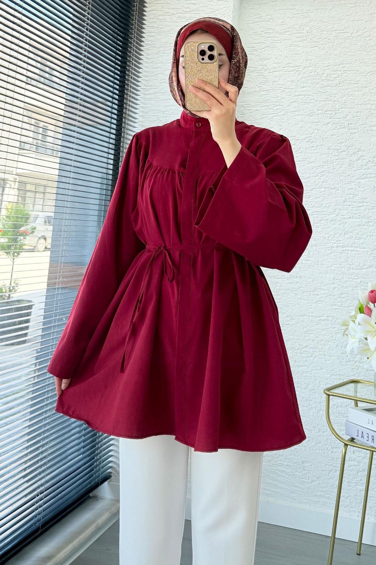 Ön Arka Büzgü Detaylı Volan Kol Poplin Tunik – Bordo