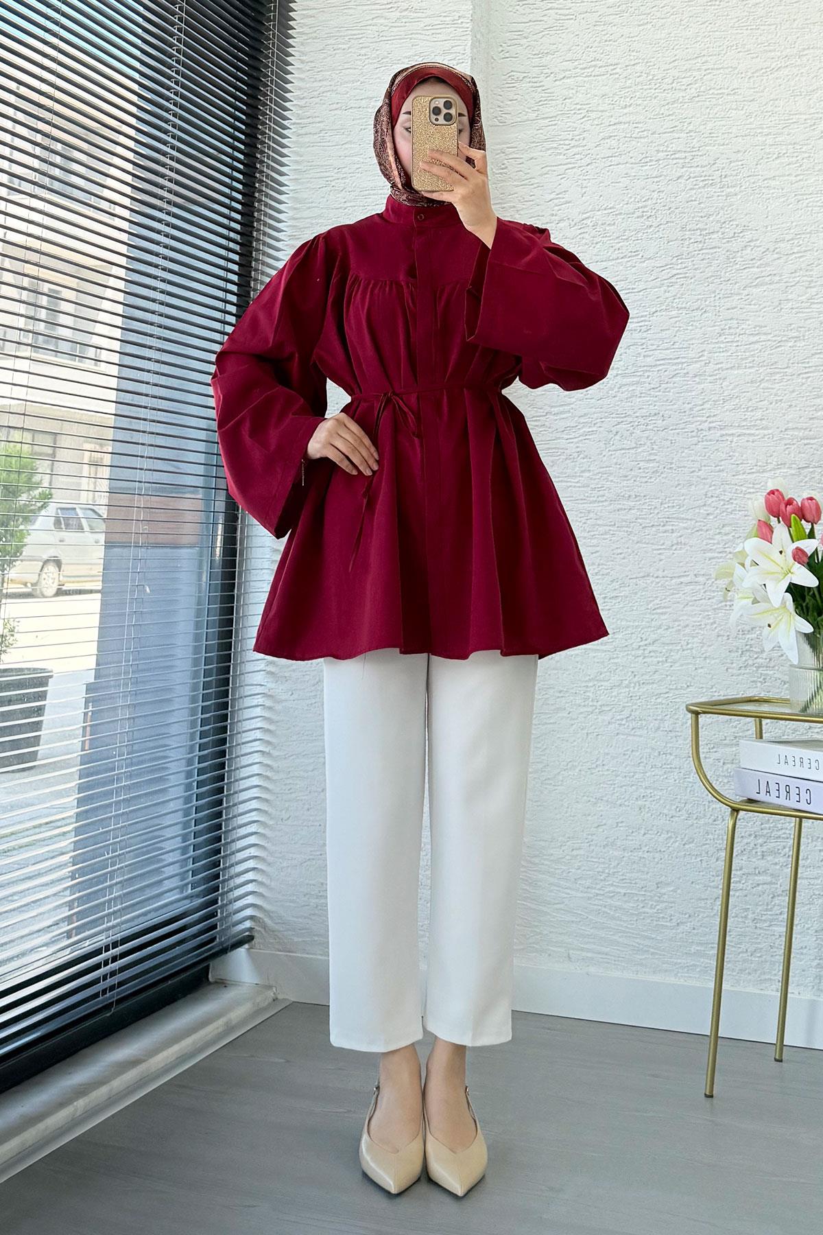 Ön Arka Büzgü Detaylı Volan Kol Poplin Tunik – Bordo