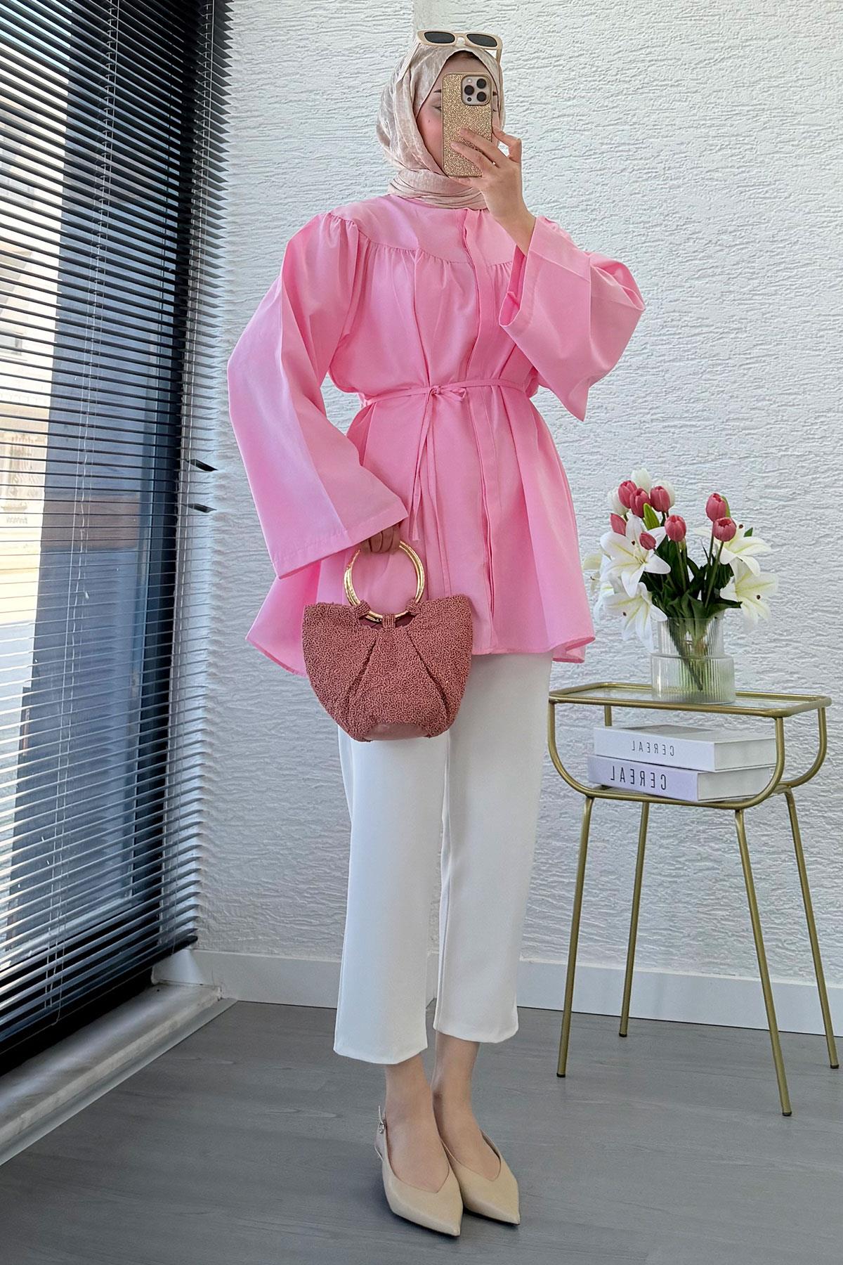Ön Arka Büzgü Detaylı Volan Kol Poplin Tunik – Pembe