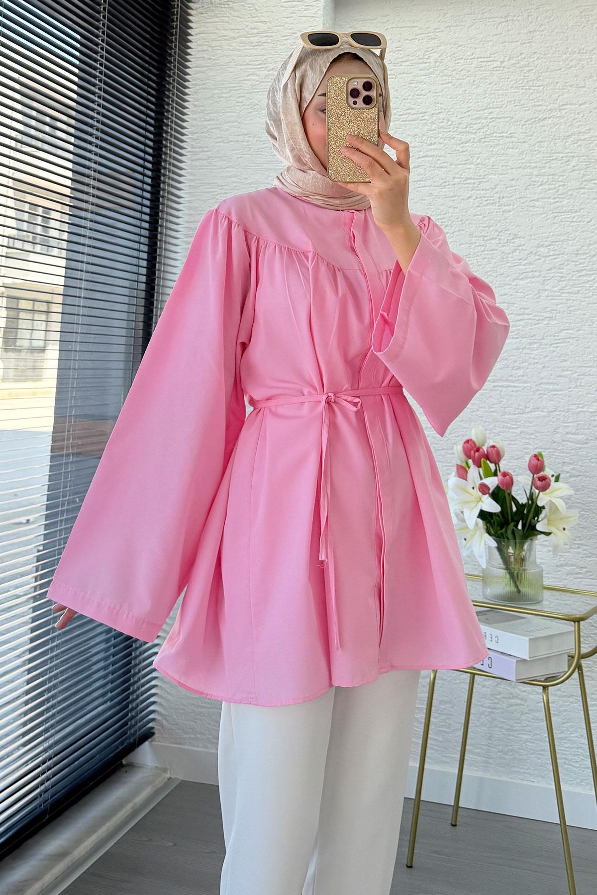 Ön Arka Büzgü Detaylı Volan Kol Poplin Tunik – Pembe