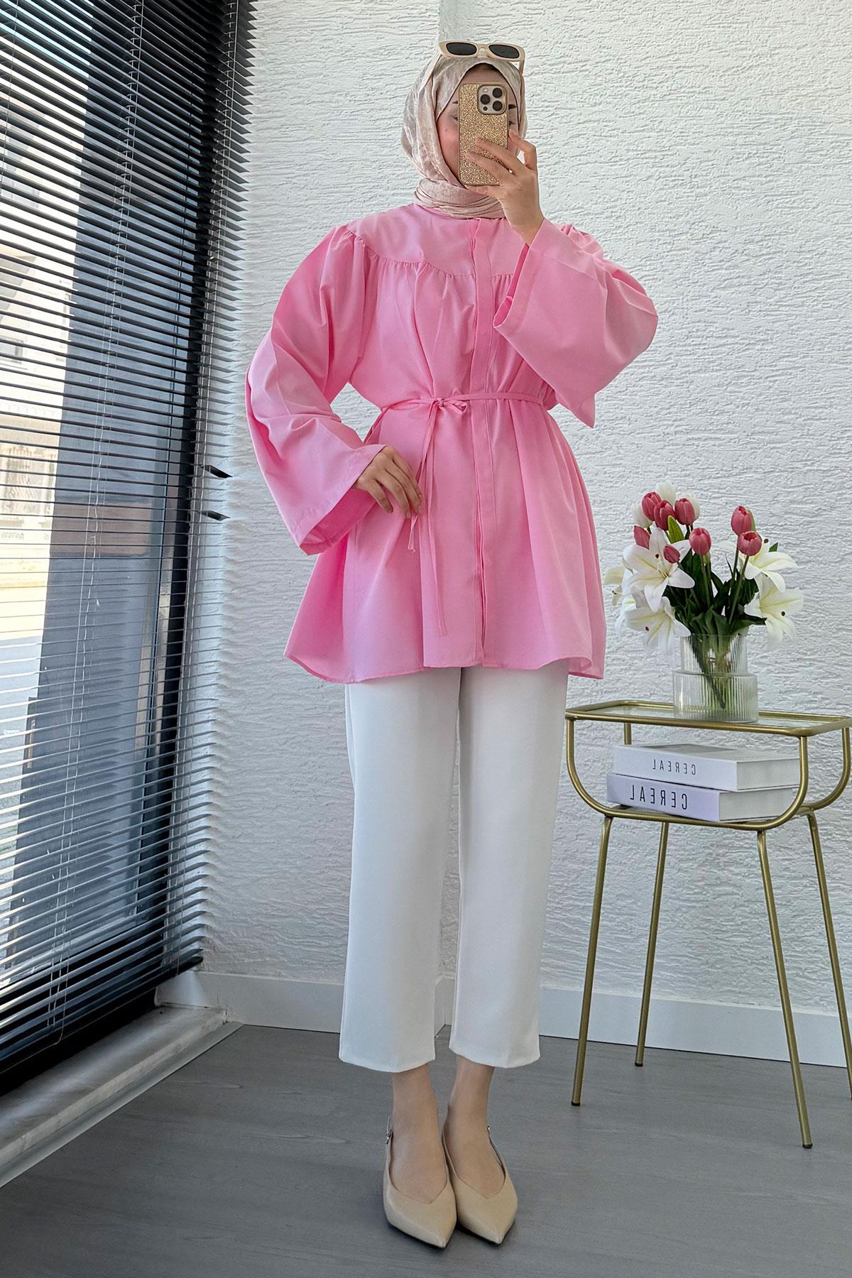 Ön Arka Büzgü Detaylı Volan Kol Poplin Tunik – Pembe