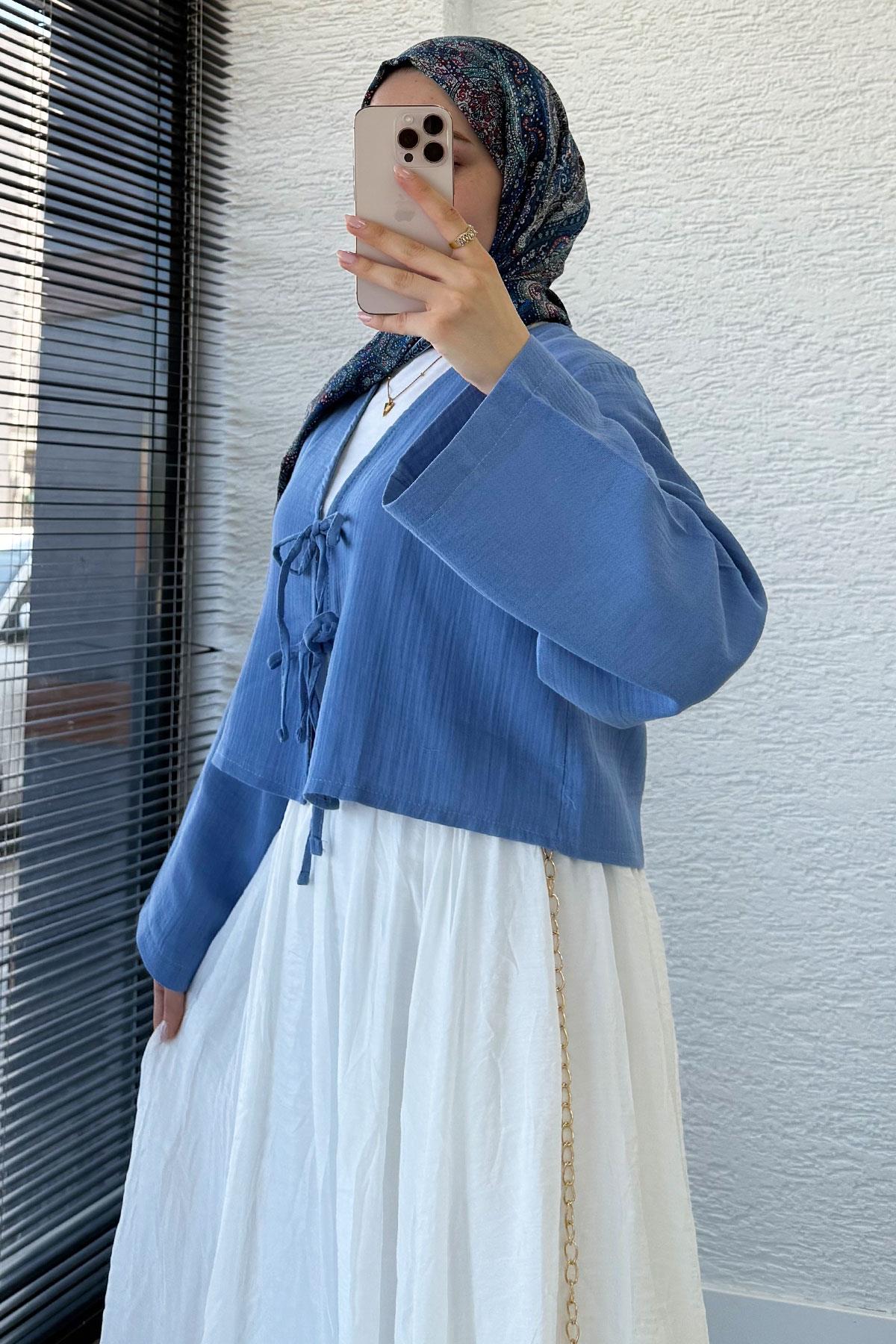 Önden Bağlamalı Kısa Müslin Kimono - İndigo
