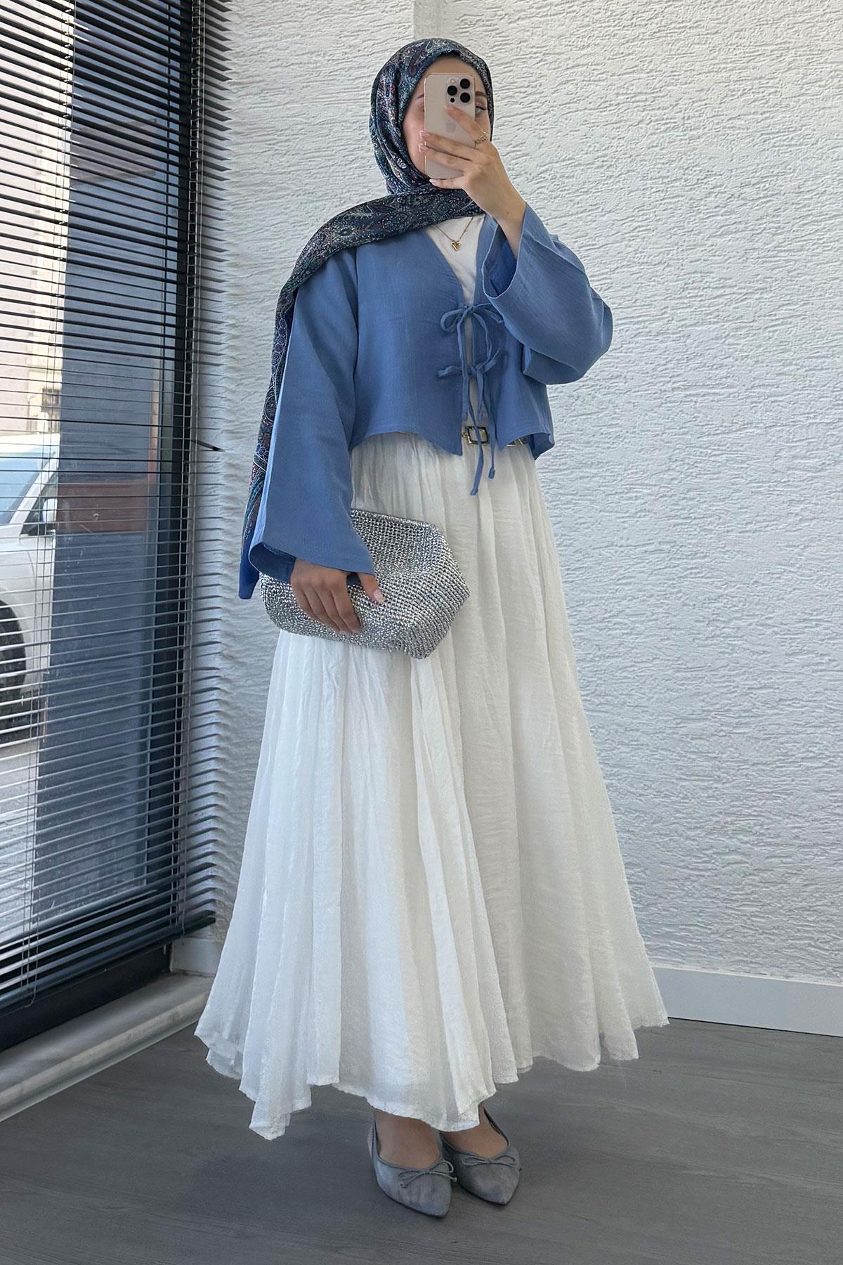 Önden Bağlamalı Kısa Müslin Kimono - İndigo