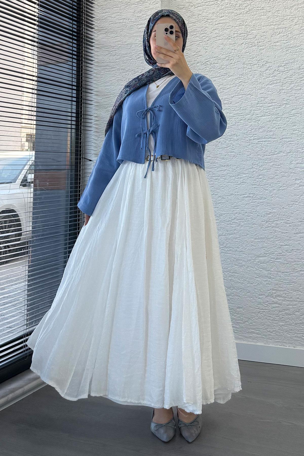 Önden Bağlamalı Kısa Müslin Kimono - İndigo