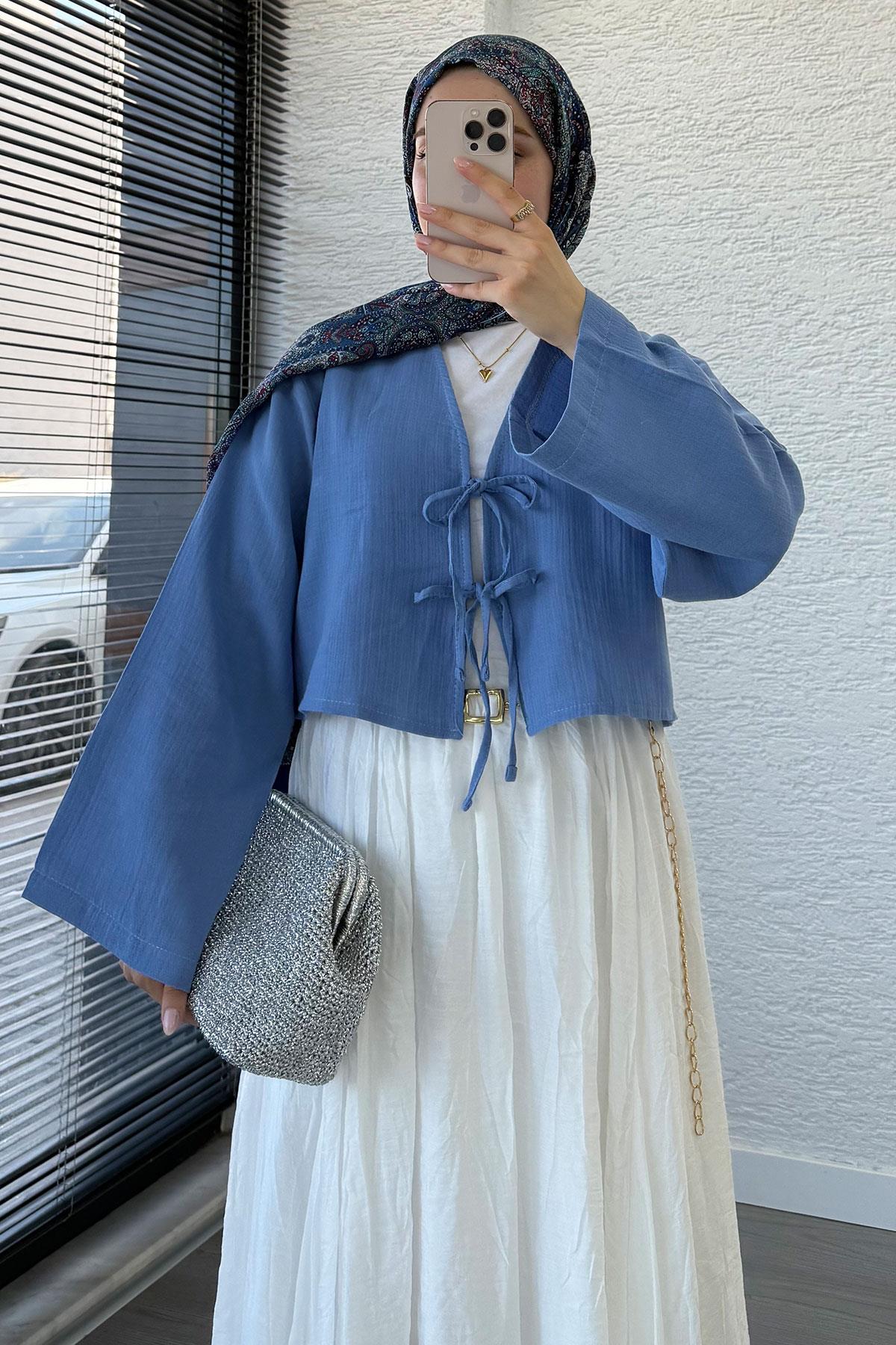 Önden Bağlamalı Kısa Müslin Kimono - İndigo