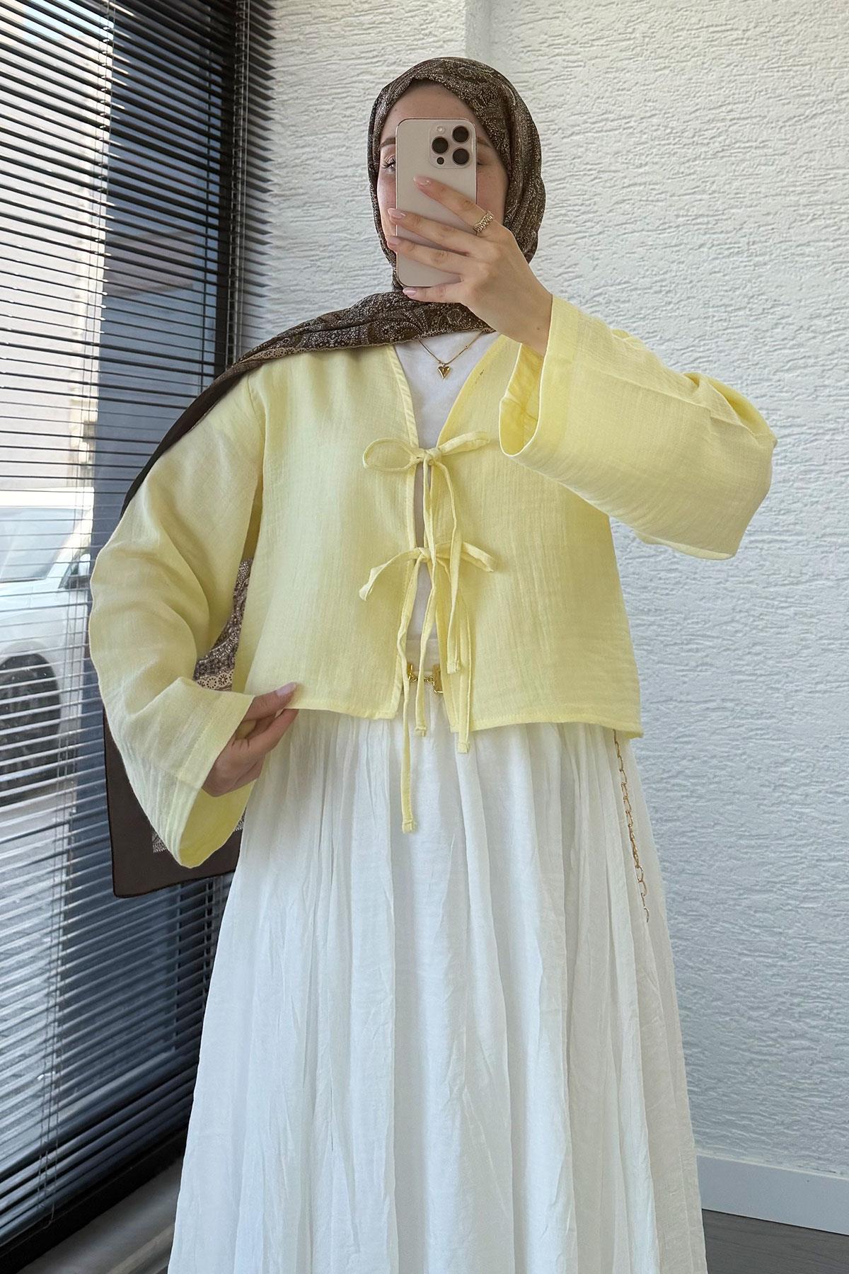 Önden Bağlamalı Kısa Müslin Kimono - Sarı