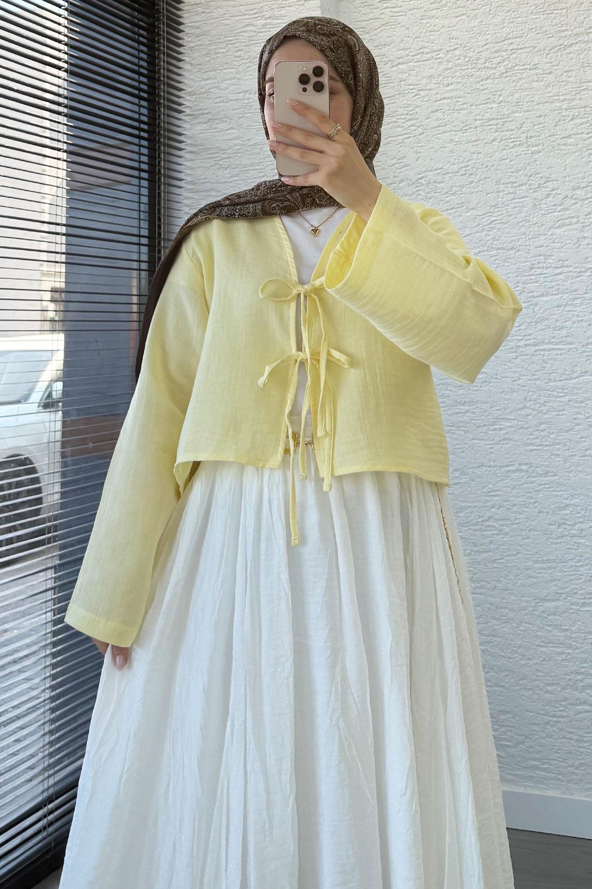 Önden Bağlamalı Kısa Müslin Kimono - Sarı