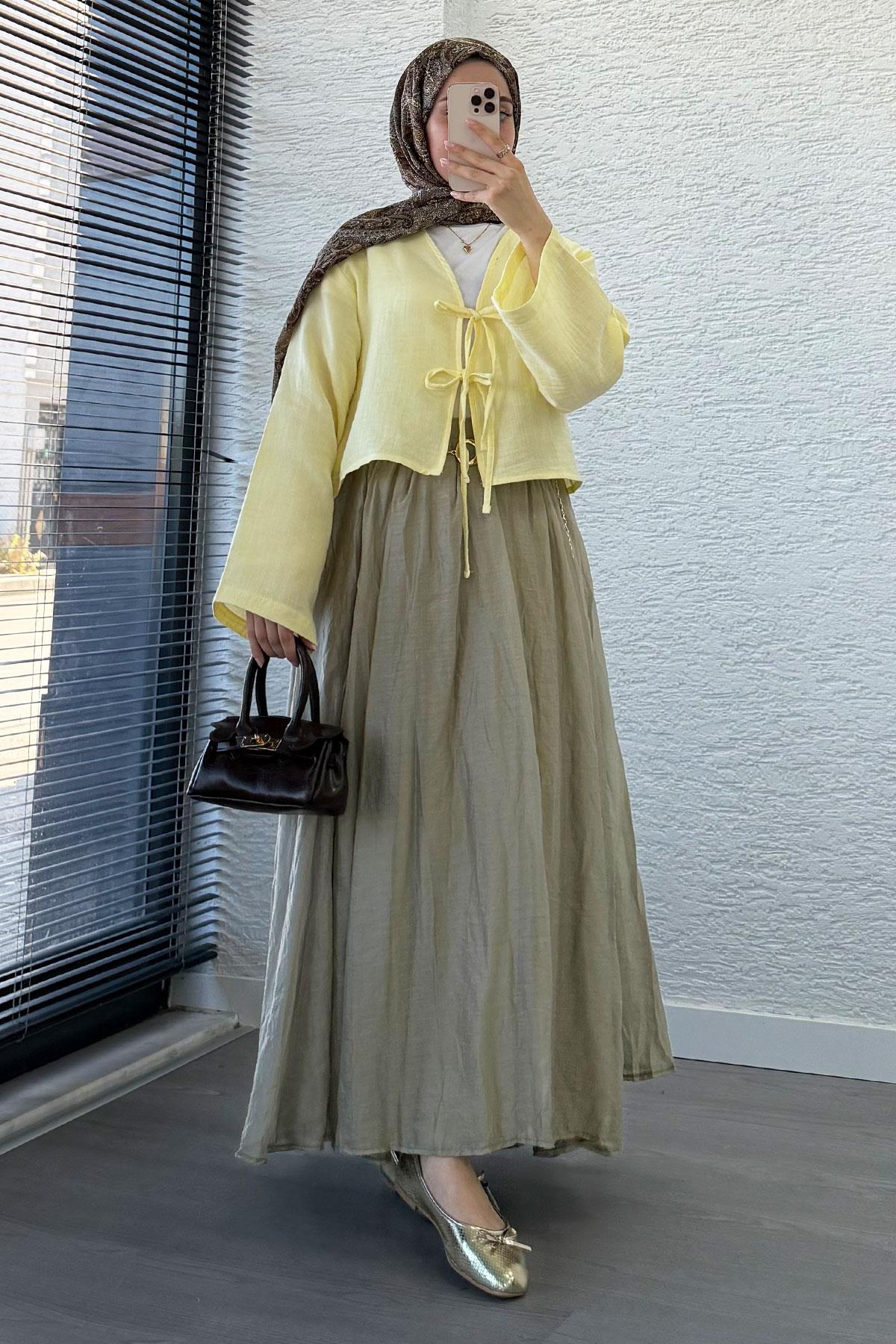 Önden Bağlamalı Kısa Müslin Kimono - Sarı