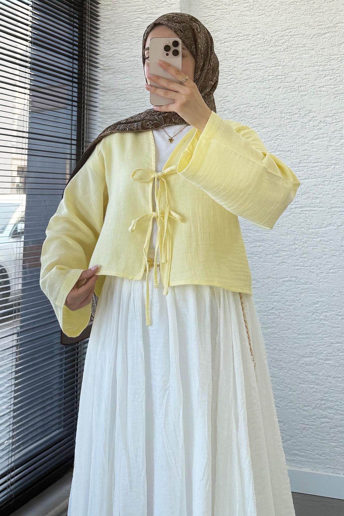 Önden Bağlamalı Kısa Müslin Kimono - Sarı