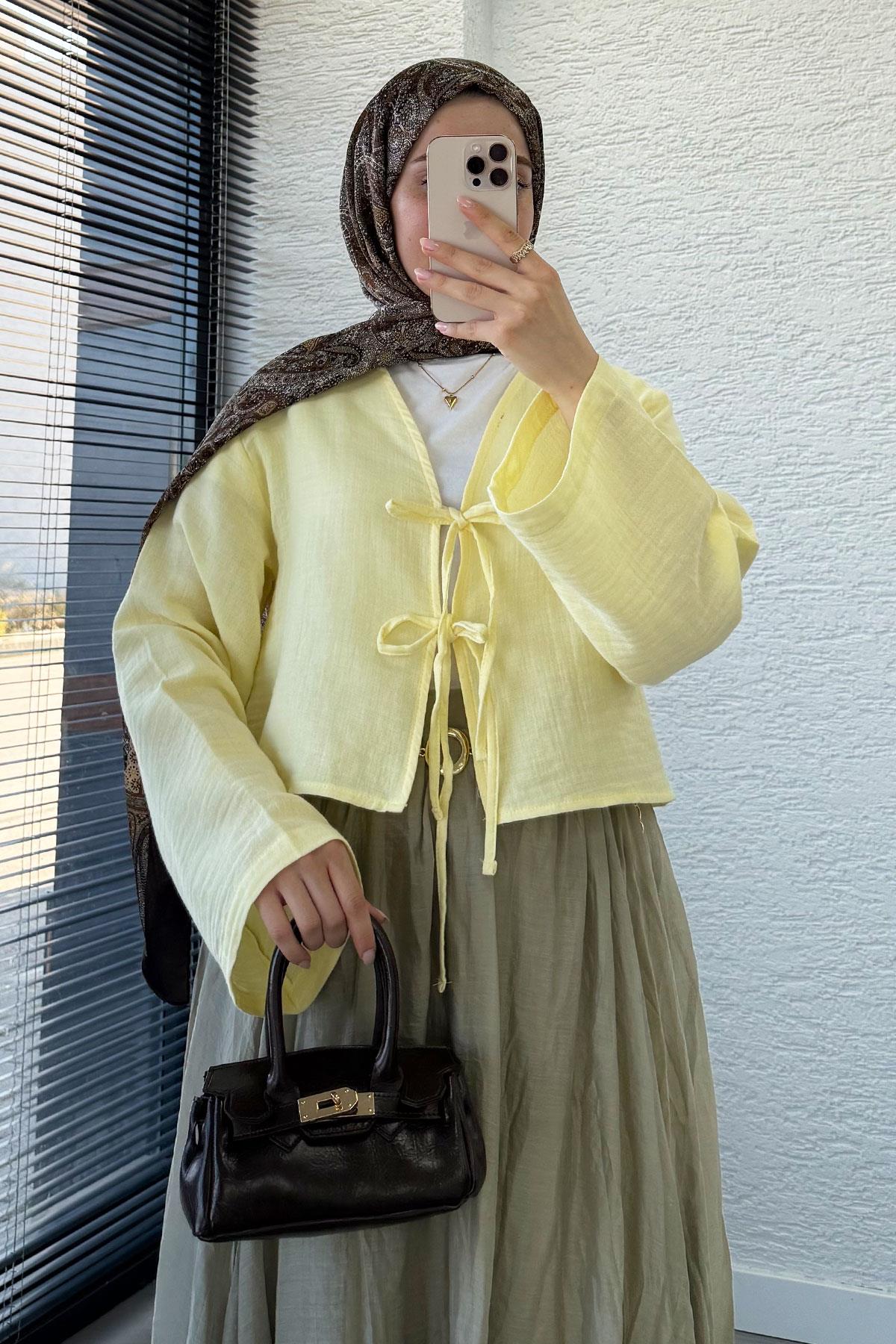 Önden Bağlamalı Kısa Müslin Kimono - Sarı