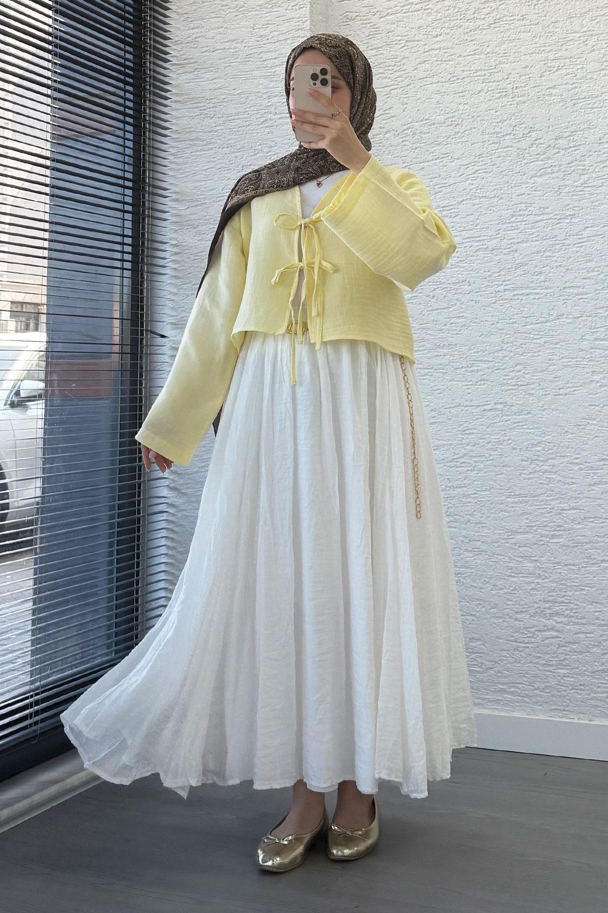 Önden Bağlamalı Kısa Müslin Kimono - Sarı